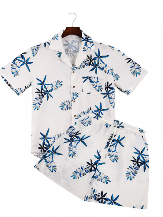 Men's Full Size Tropical Print Short Sleeve Shirt and Shorts Set Plus Size