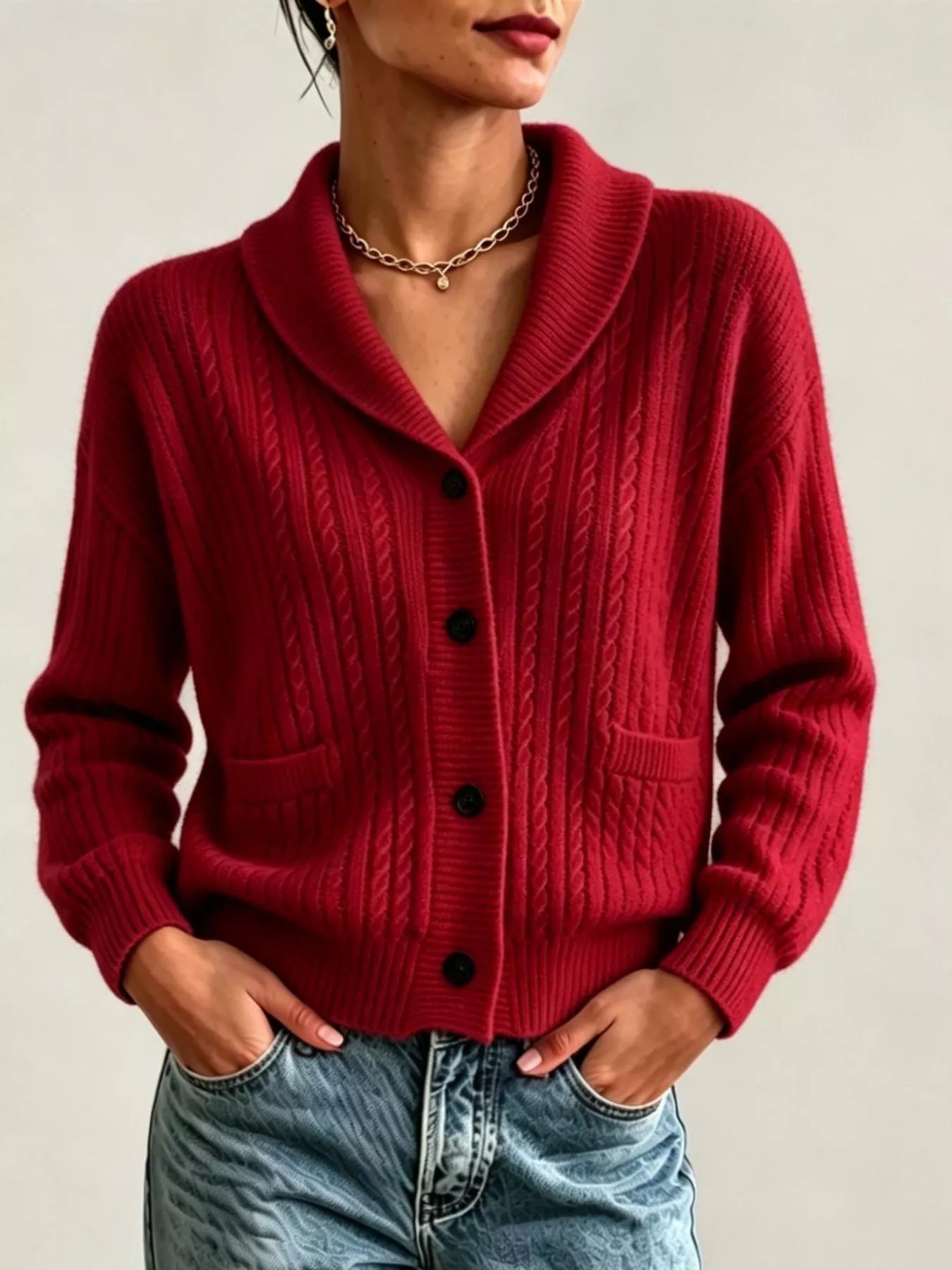 Full Size Shawl Collar Cable Knit Cardigan Plus Size