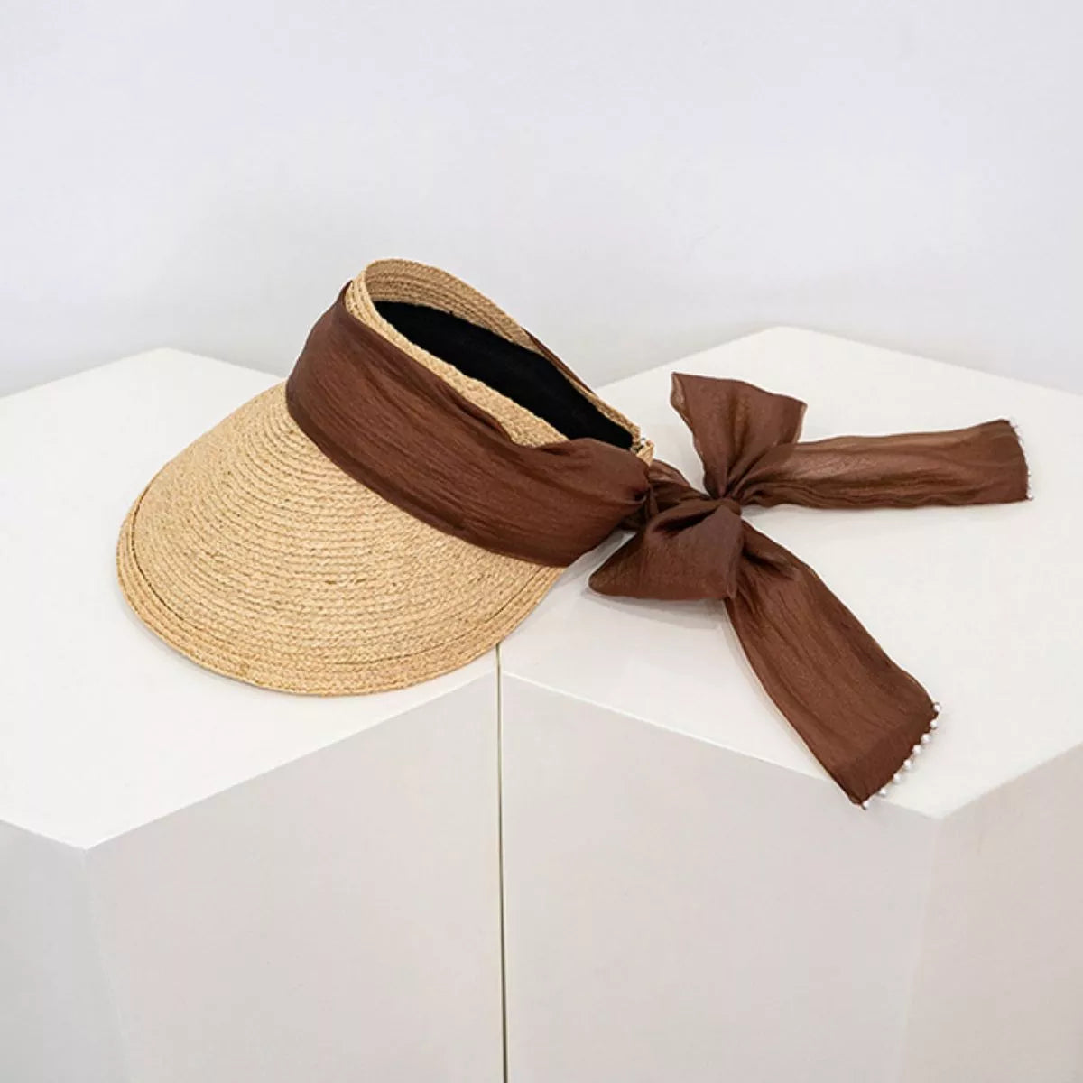 Ribbon-Tie Straw Visor Sun Hat