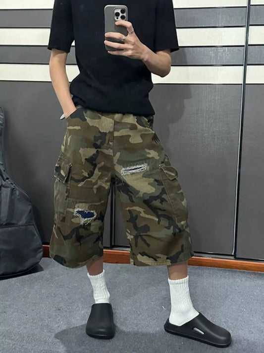 Men's Full Size Camouflage Cargo Denim Shorts with Distressed Details Plus Size