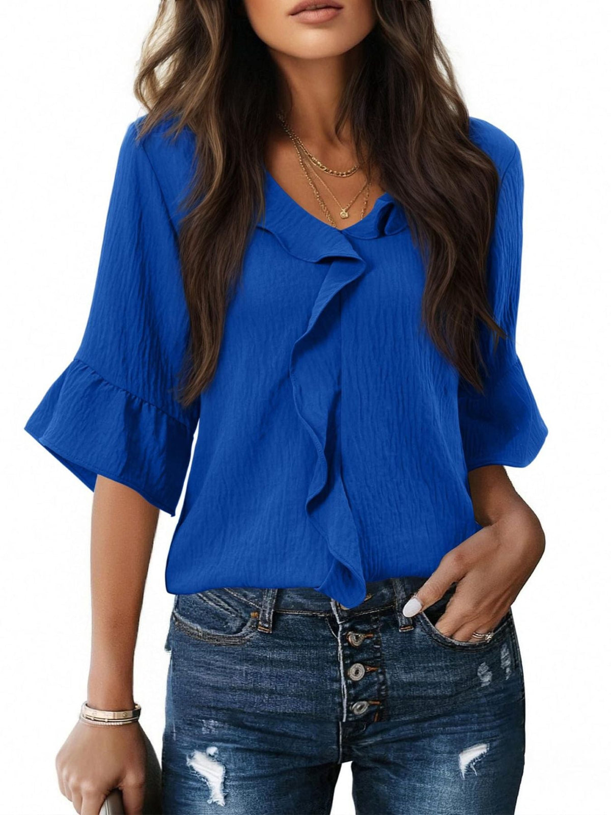 Ruffle V-Neck Flounce Sleeve Blouse