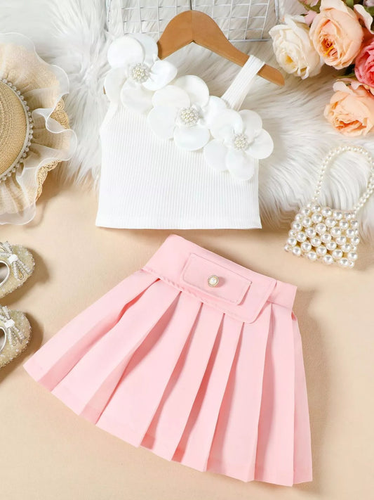 Children's Floral Applique Tank Top & Pleated Skirt Set