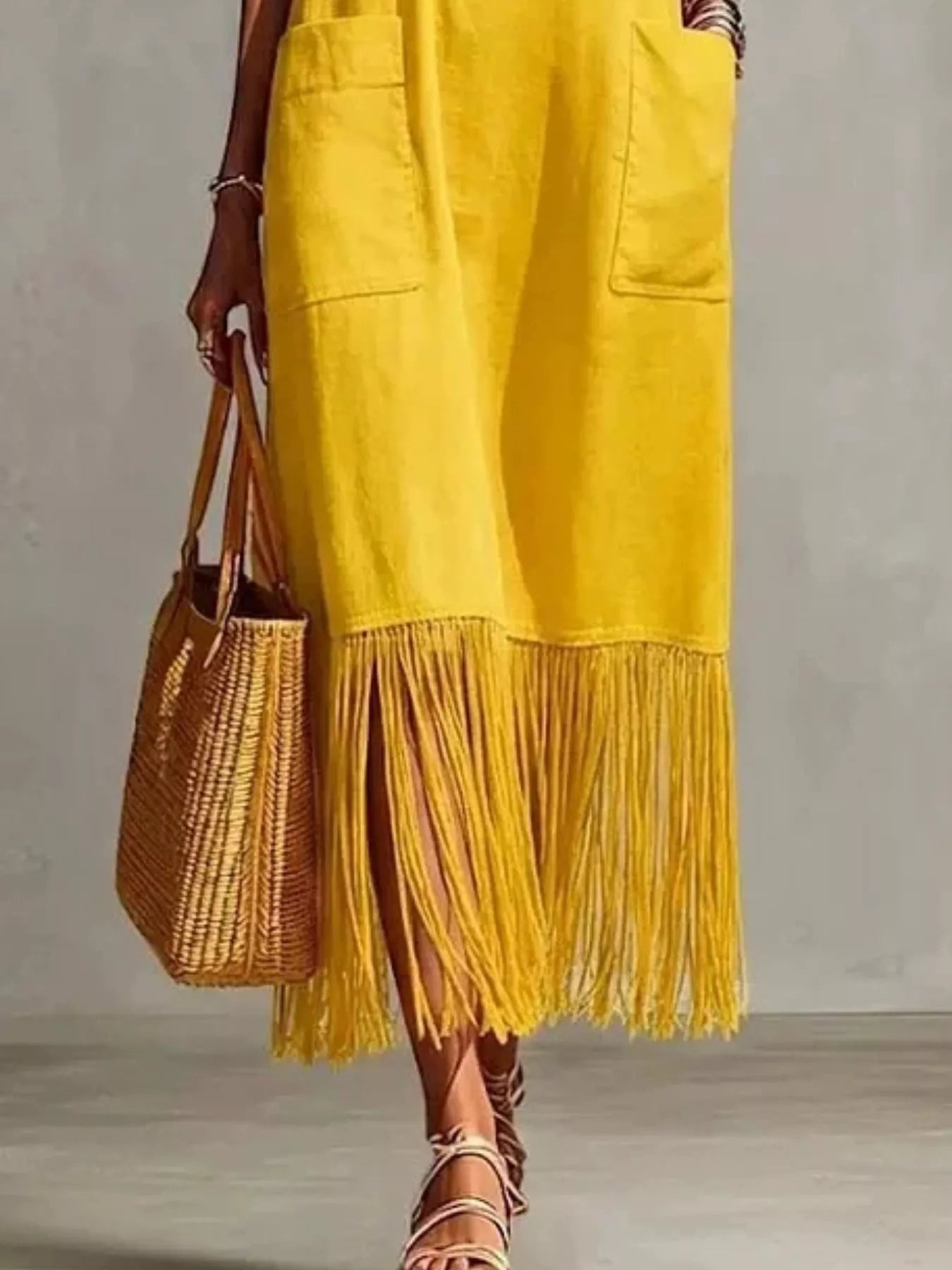 Full Size Fringe V-Neck Spaghetti Strap Dress Plus Size
