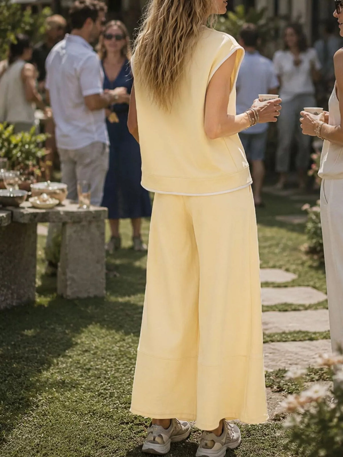 Sleeveless Crew Neck Top and Wide-Leg Cropped Pants Set
