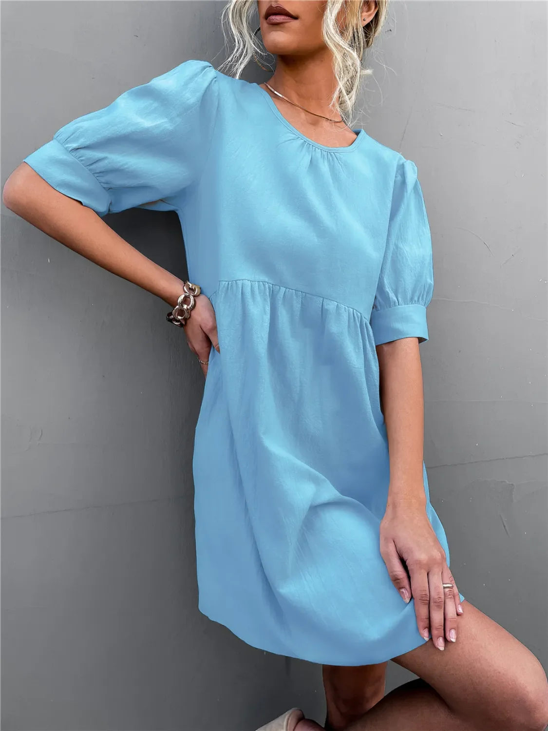 Round Neck Puff Sleeve Mini Dress