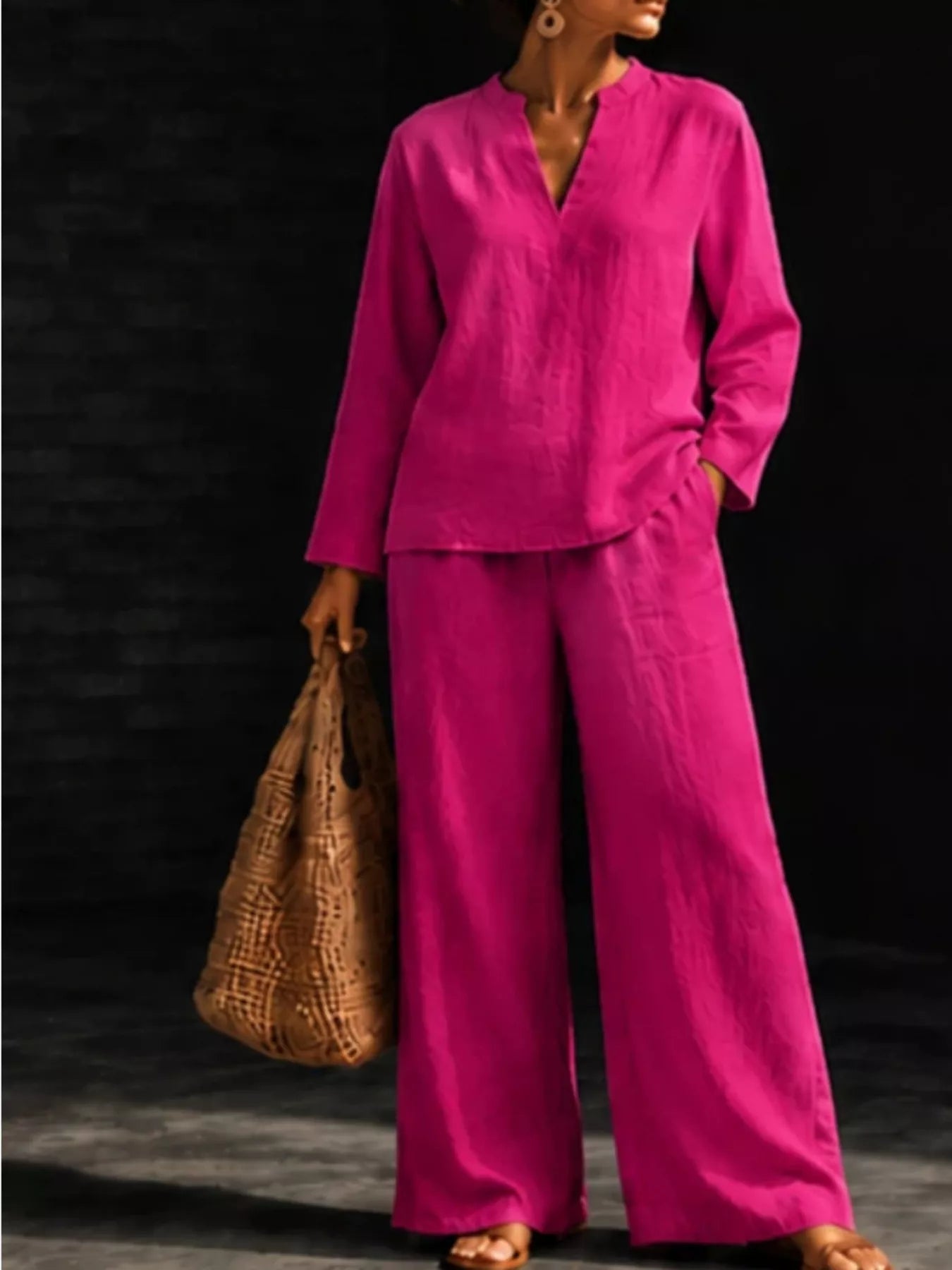 Notched Long Sleeve Top and Pants Set