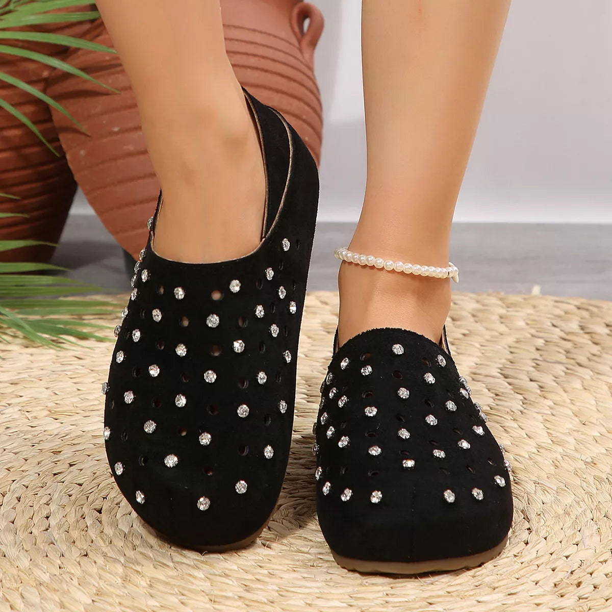 Rhinestone Round Toe Slip-Ons