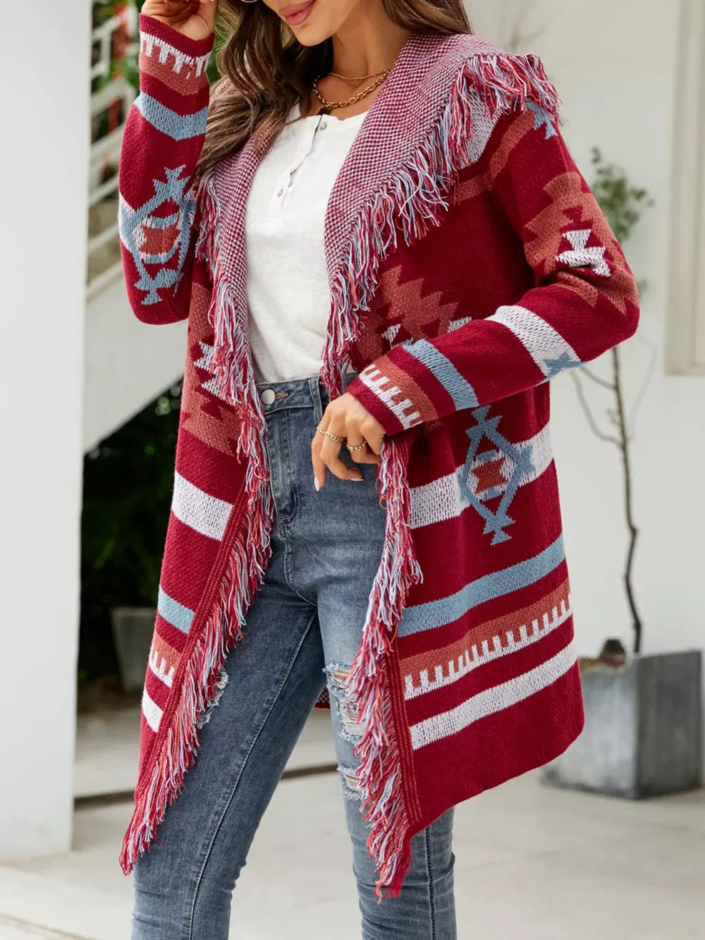 Fringe Geometric Hooded Cardigan