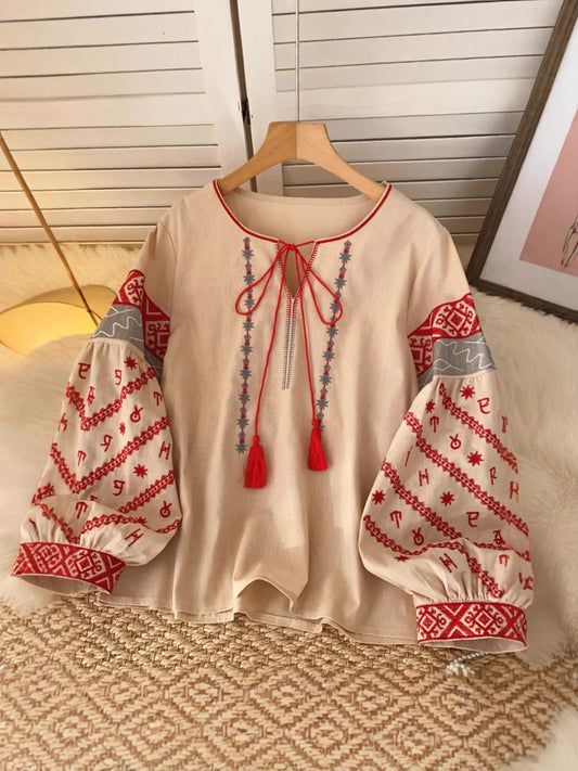 Embroidered Tie Neck Blouse