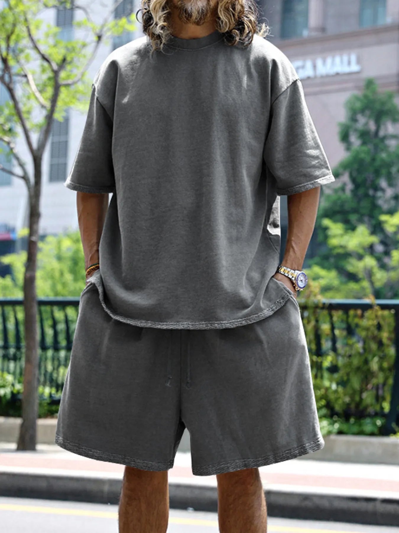 Men's Full Size Round Neck Short Sleeve Top and Shorts Set Plus Size