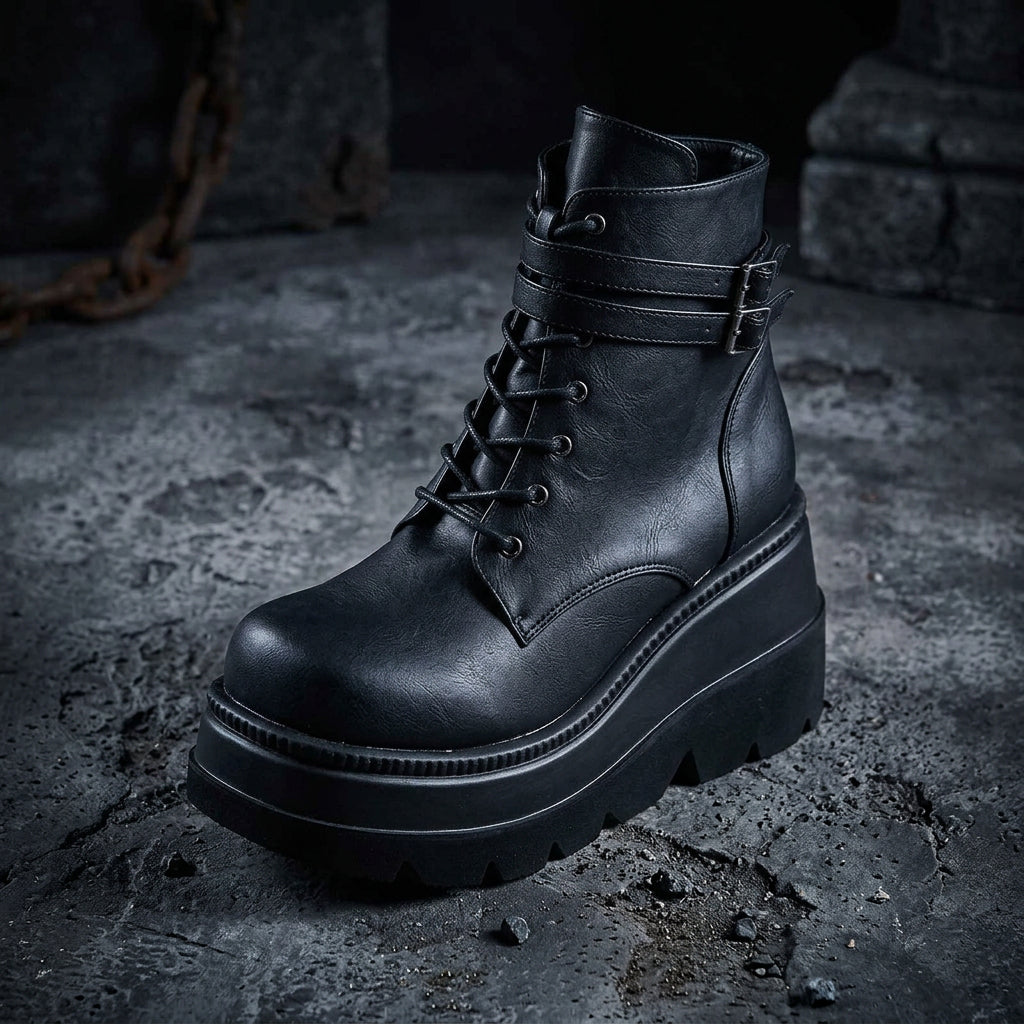 Women's Lace-Up Platform Ankle Boots with Buckle Straps