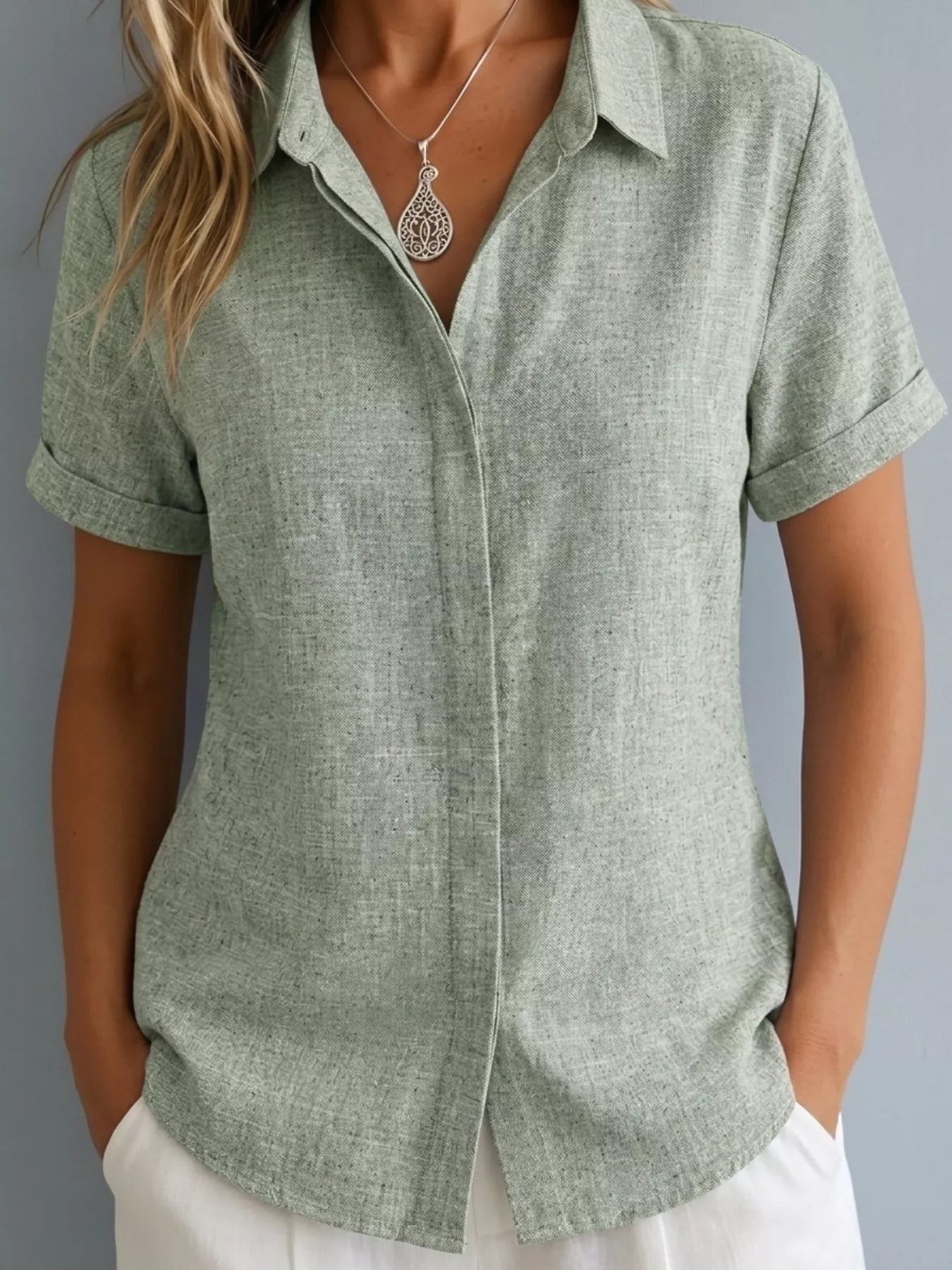 Full Size Collared Neck Short Sleeve Shirt Plus Size
