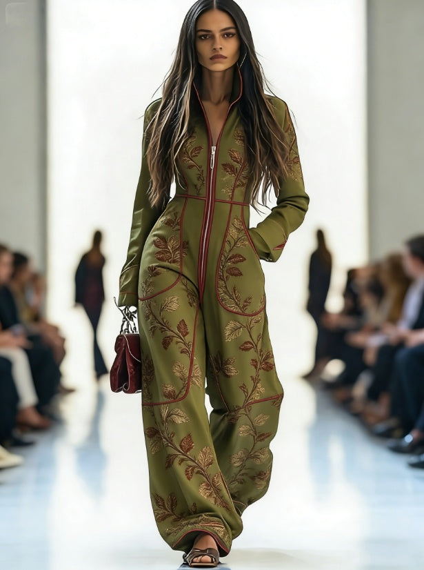 Zippered Long-sleeved Casual Wide-leg Jumpsuit