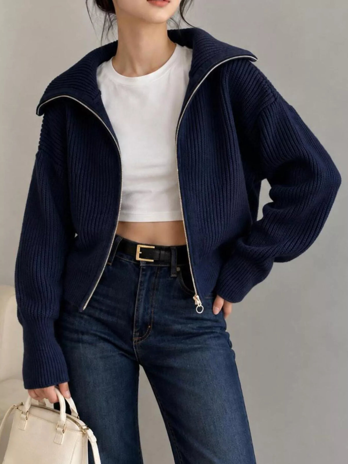 Zip Up Dropped Shoulder Cardigan