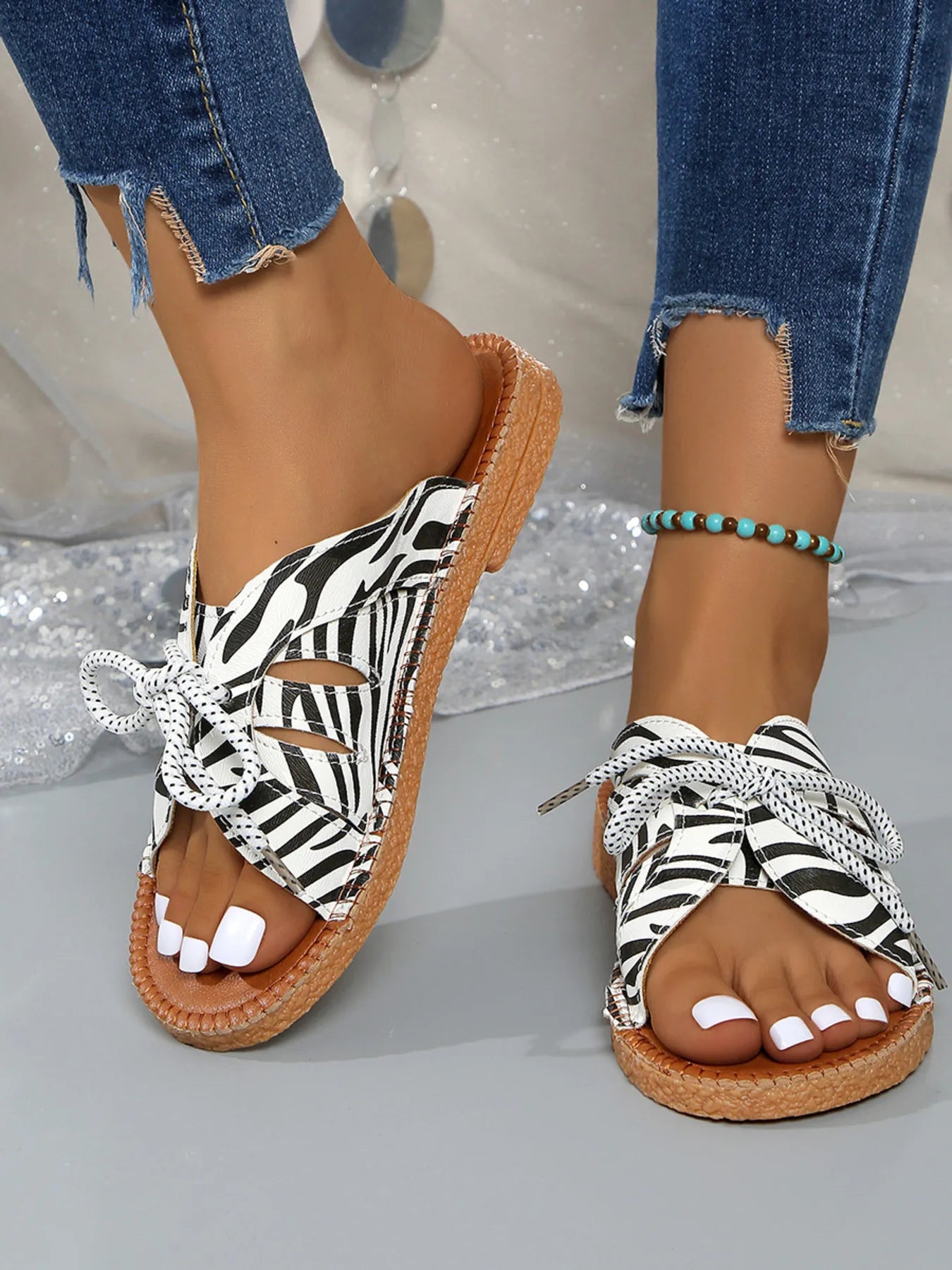 Printed Tied Flat Sandals