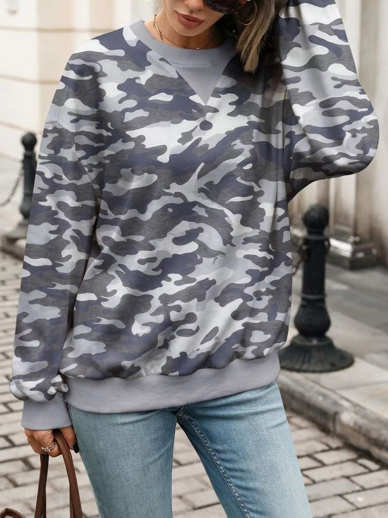 Leaf Print Sweatshirt with Contrasting Trim