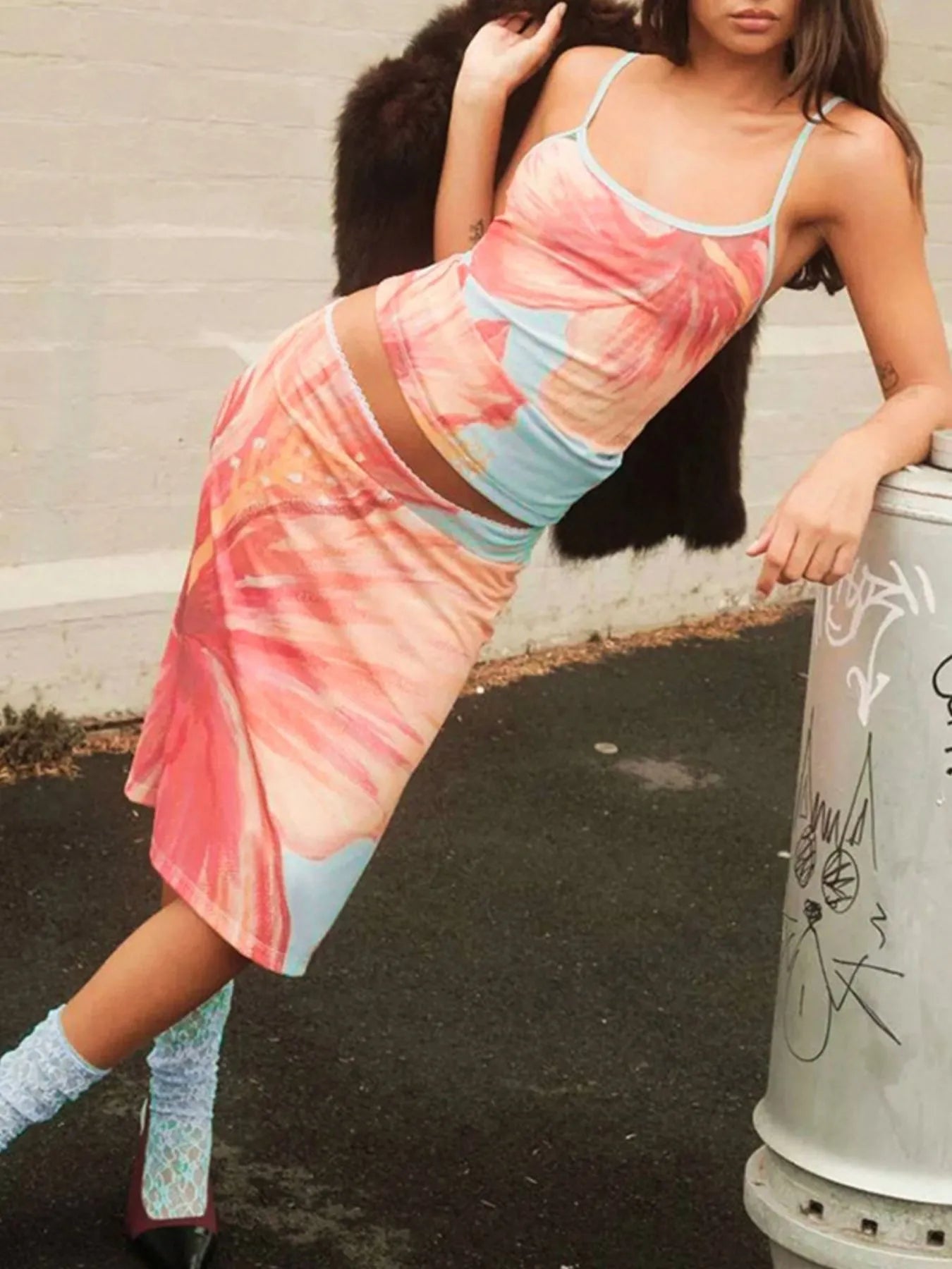 Printed Scoop Neck Cami and Skirt Set