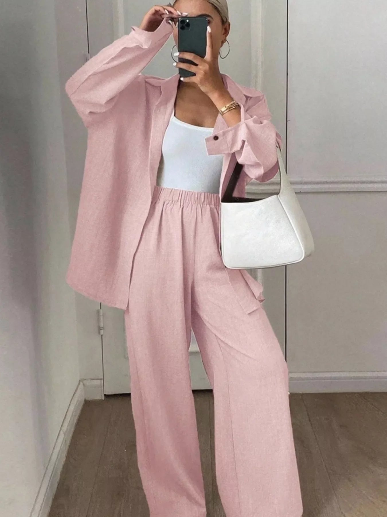 Button-Down Shirt and Wide-Leg Pants Set
