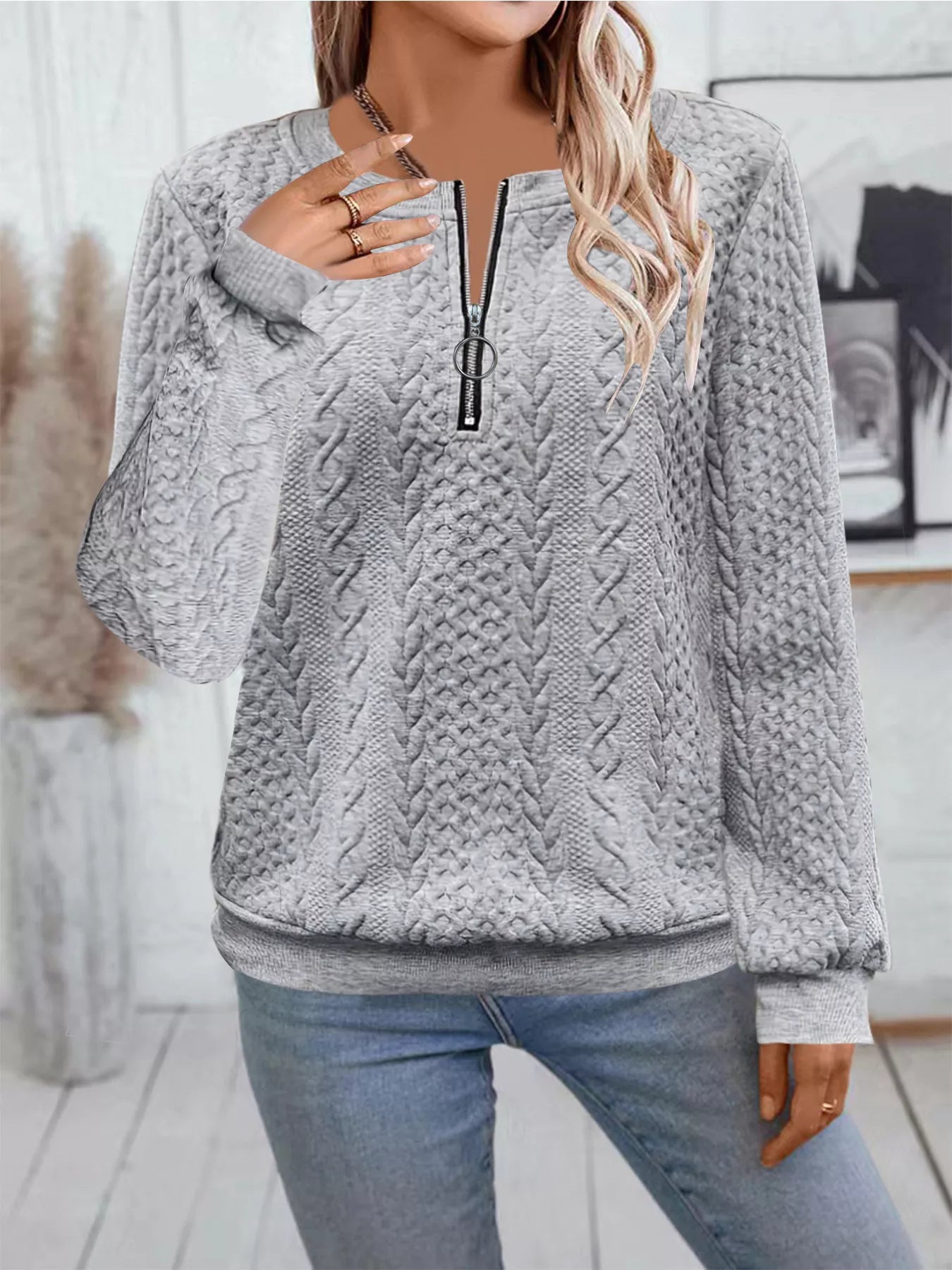 Chic Cable Texture Quarter-Zip Sweatshirt