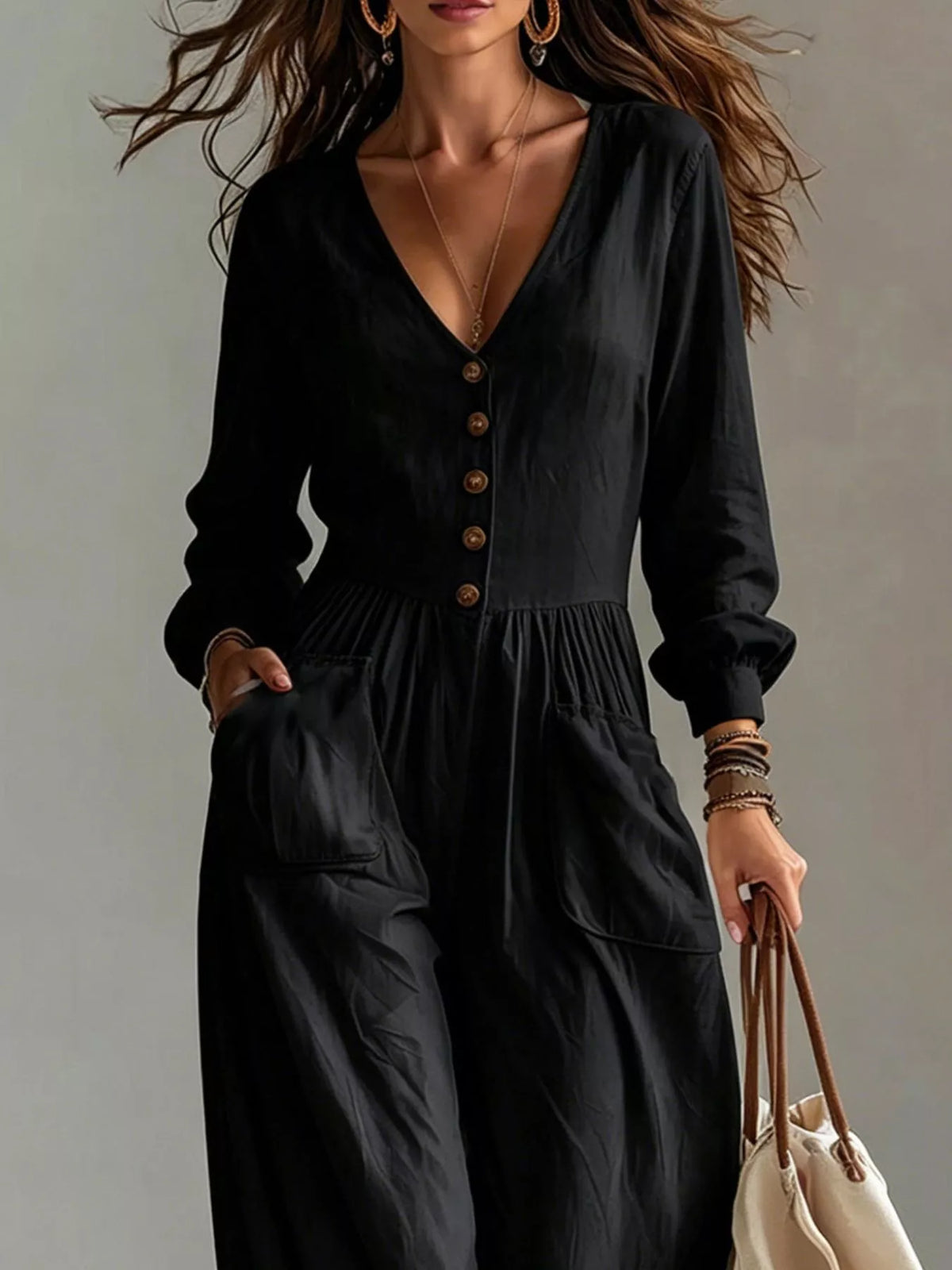 V-Neck Long Sleeve Button-Down Wide Leg Jumpsuit