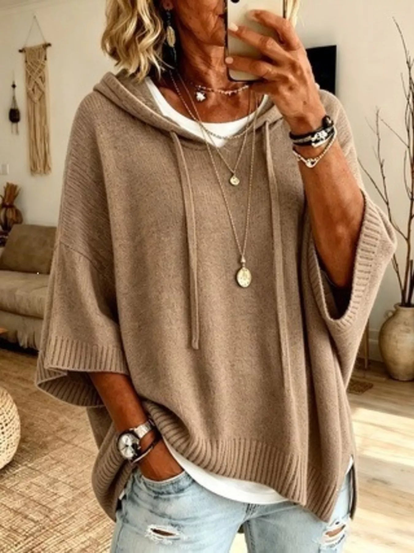 Full Size Casual Hooded Batwing Sleeve Knit Sweater Plus Size