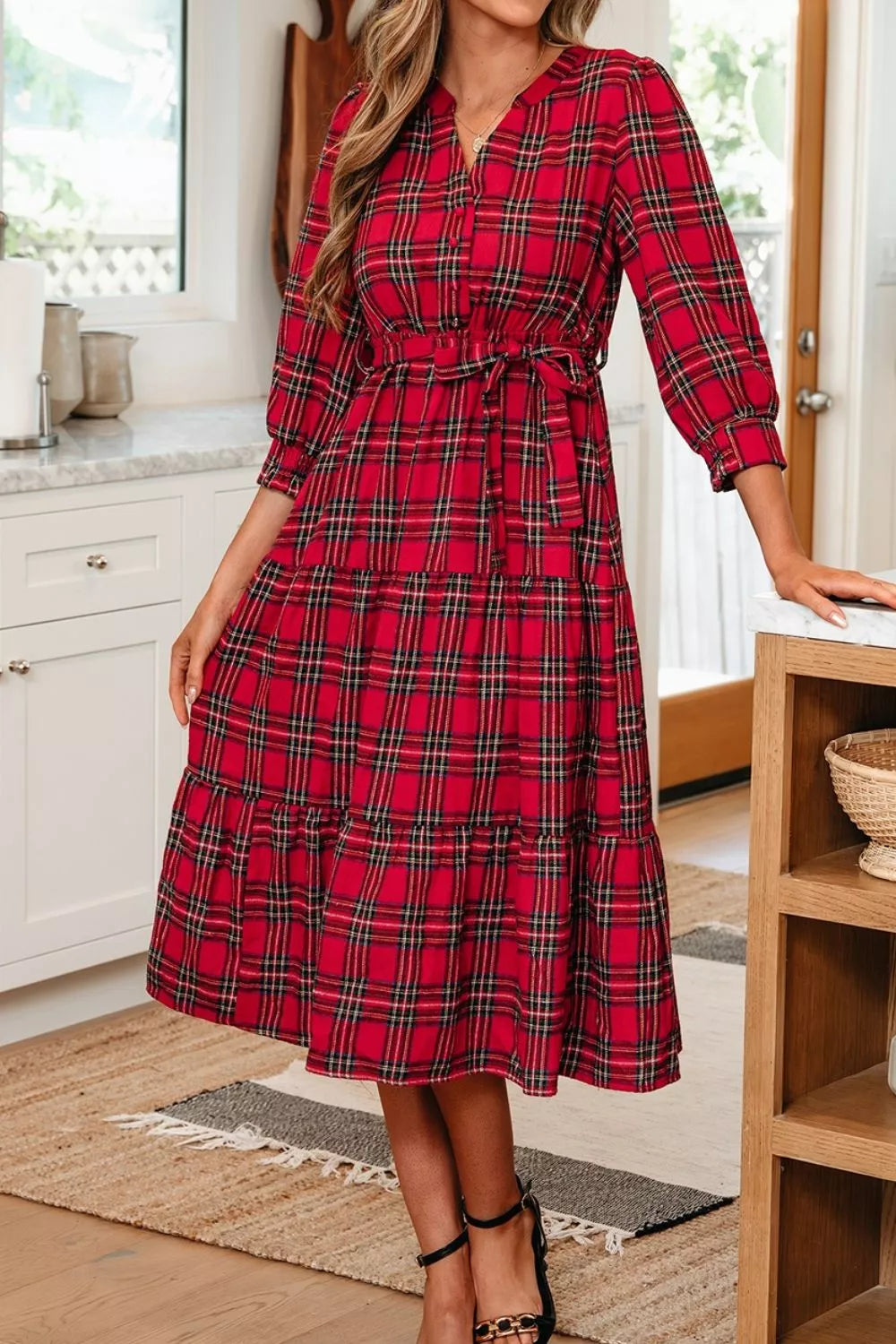 Christmas Plaid V Neck 3/4 Sleeve Tie Waist Ruffle Hem Midi Dress