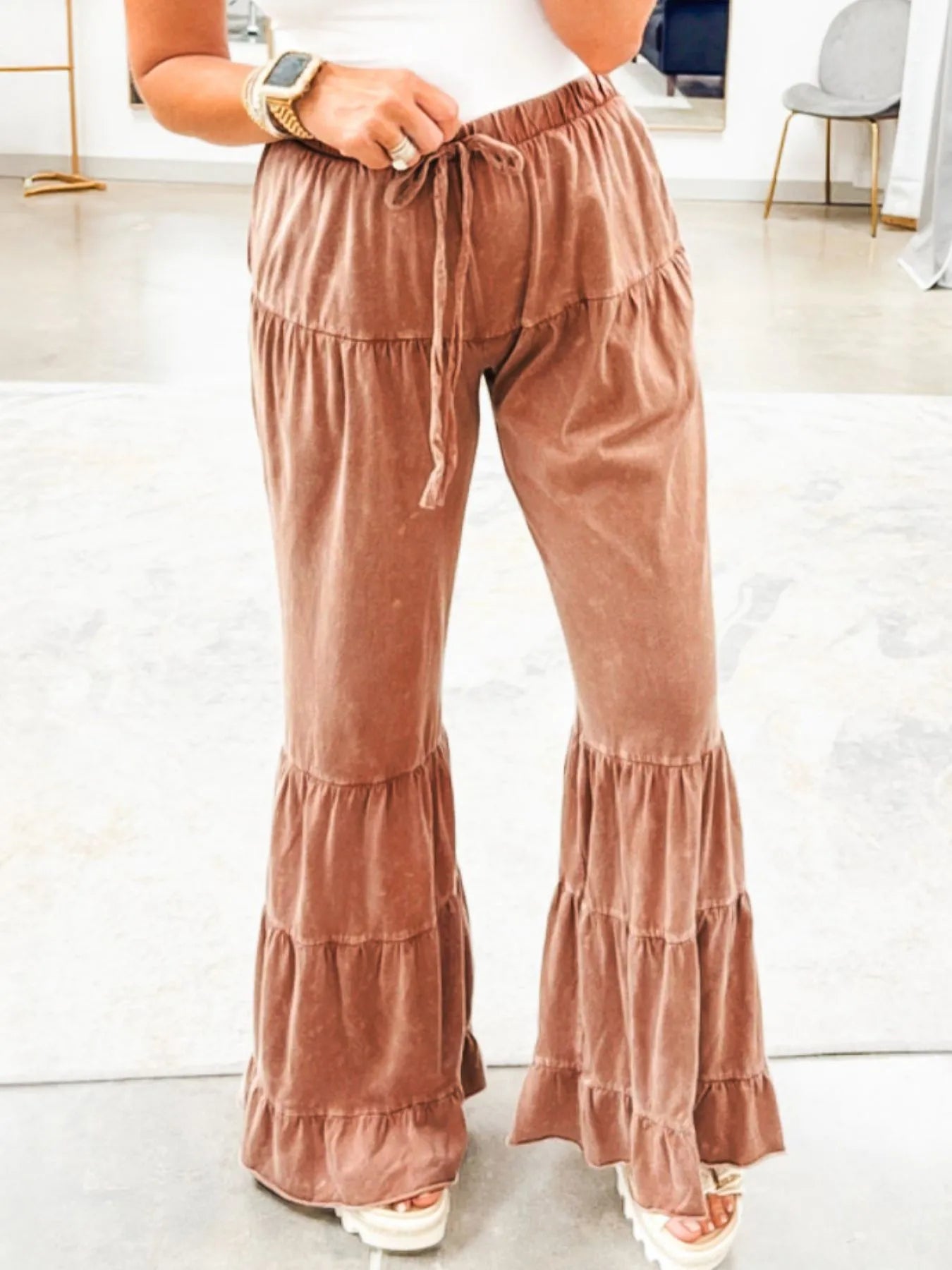 Drawstring Flare Ruffle Pants