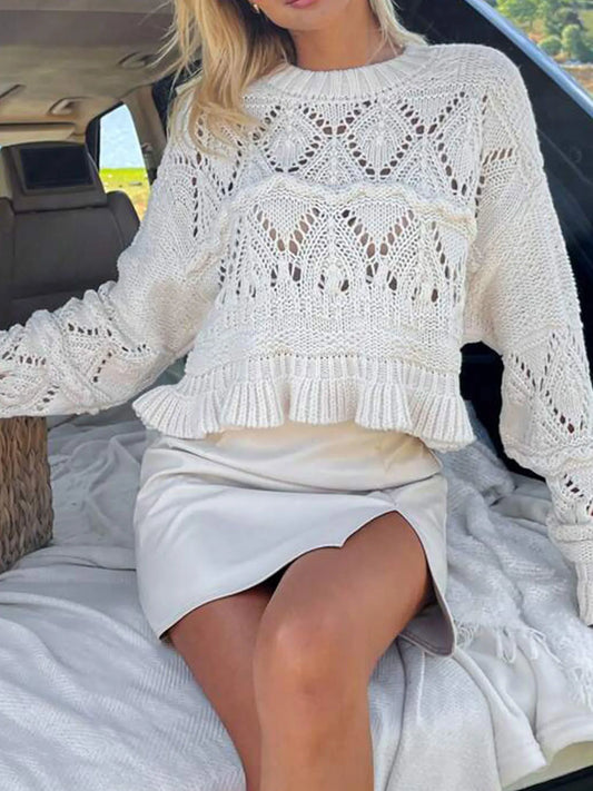 Crochet Ruffled Hem Long Sleeve Sweater