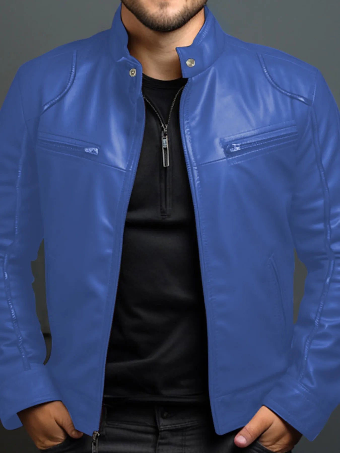 Men's Full Size Leather Motorcycle Jacket with Zipper Front Plus Size