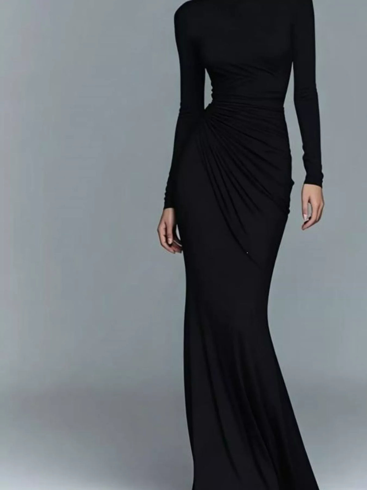 Turtleneck Long-Sleeve Ruched Maxi Dress