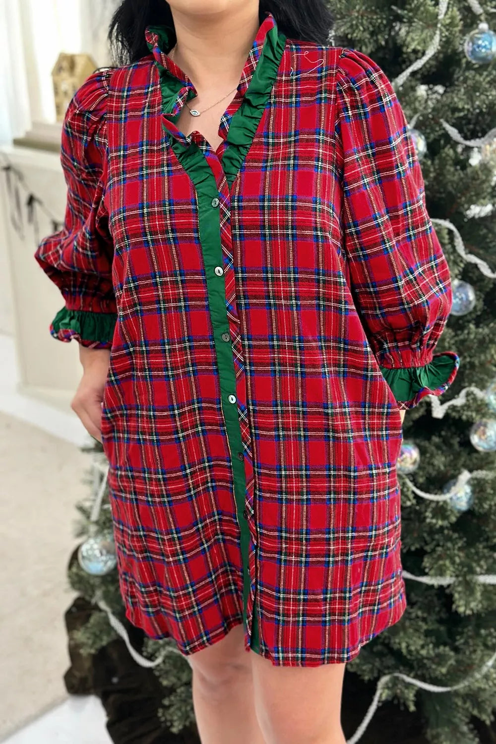 Plaid Ruffle Cuff Button Front Pocket Mini Dress
