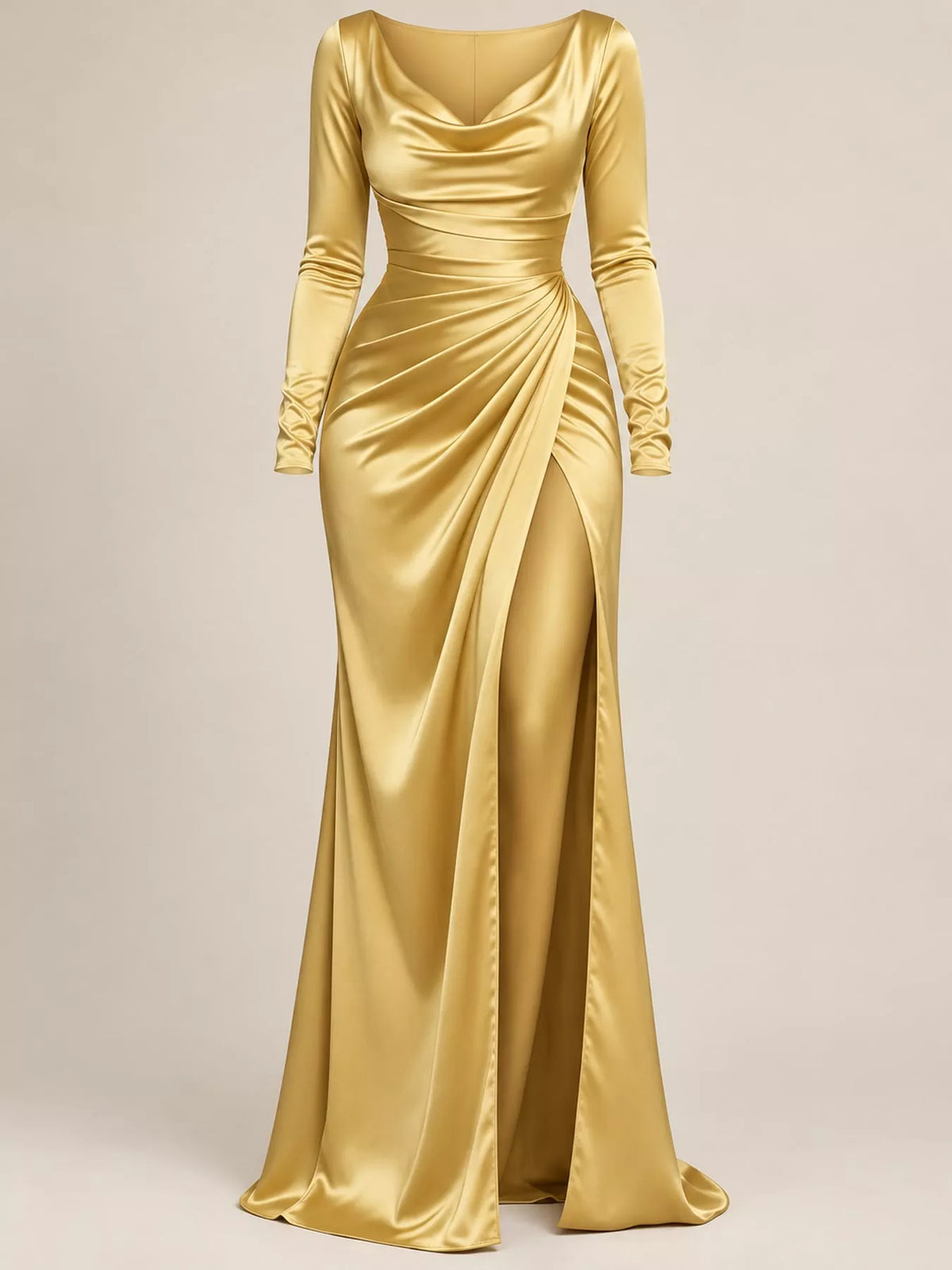 Full Size Satin Cowl Neck High Slit Evening Maxi Dress Plus Size