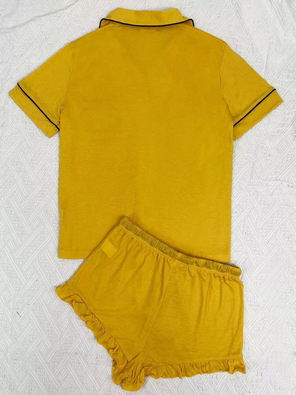 Contrast Piping Button-Down Shirt and Ruffle Shorts Lounge Set