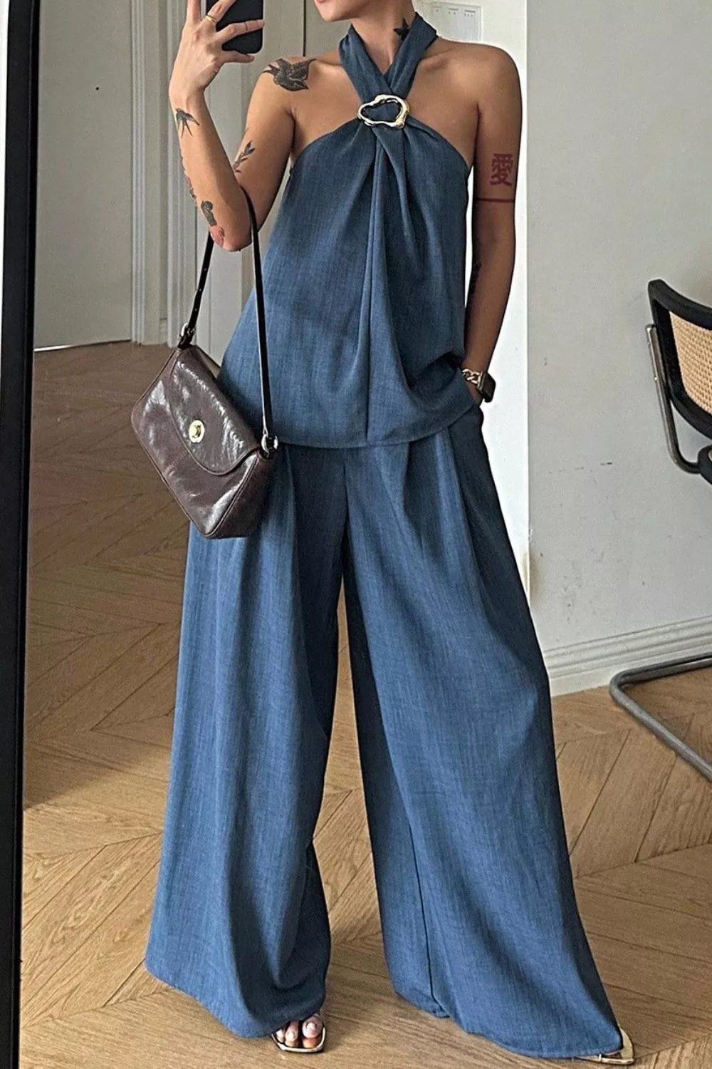 Halter Neck Top and Wide-Leg Pants Set