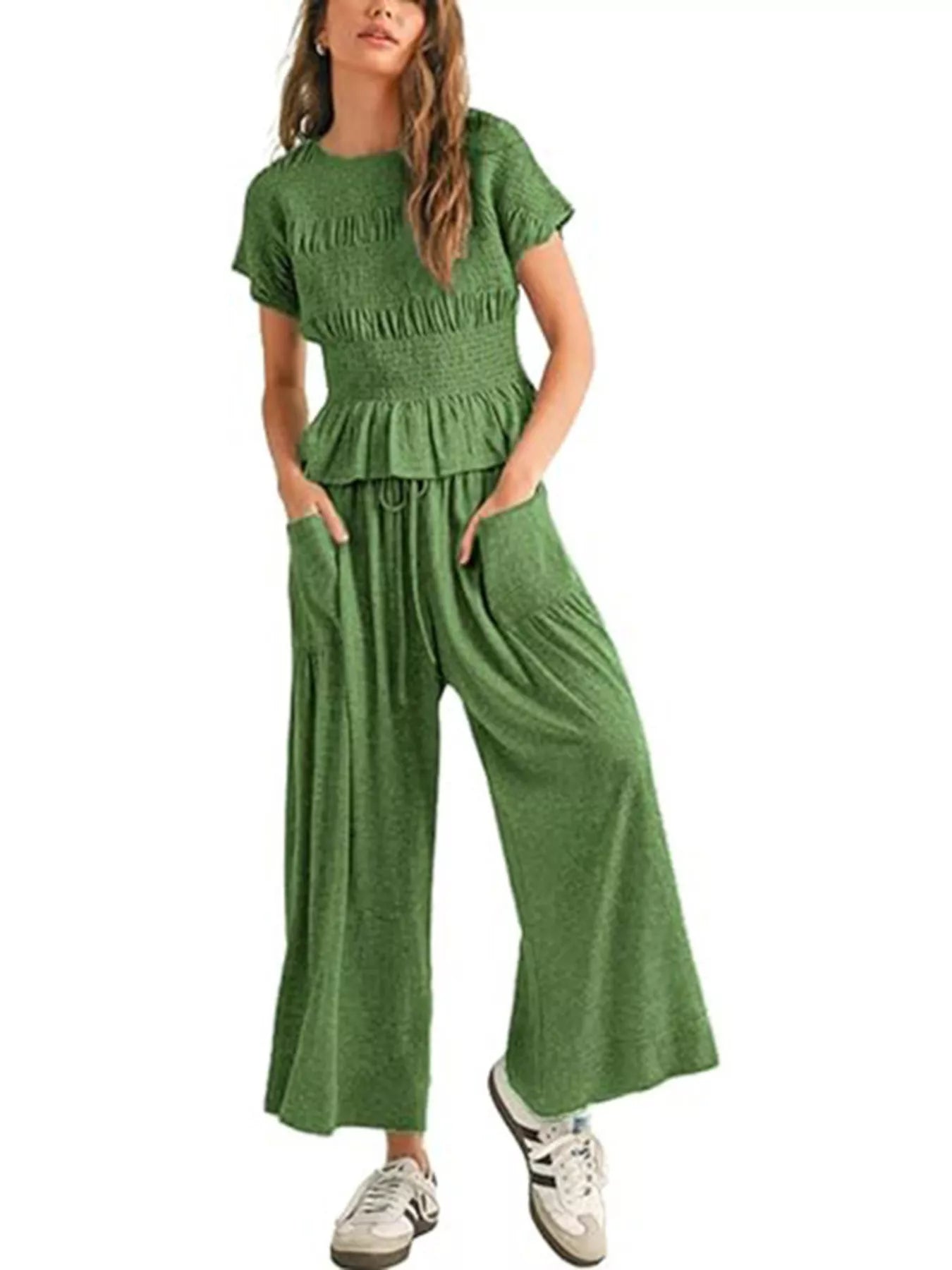 Smocked Peplum Top and Wide-Leg Pants Set
