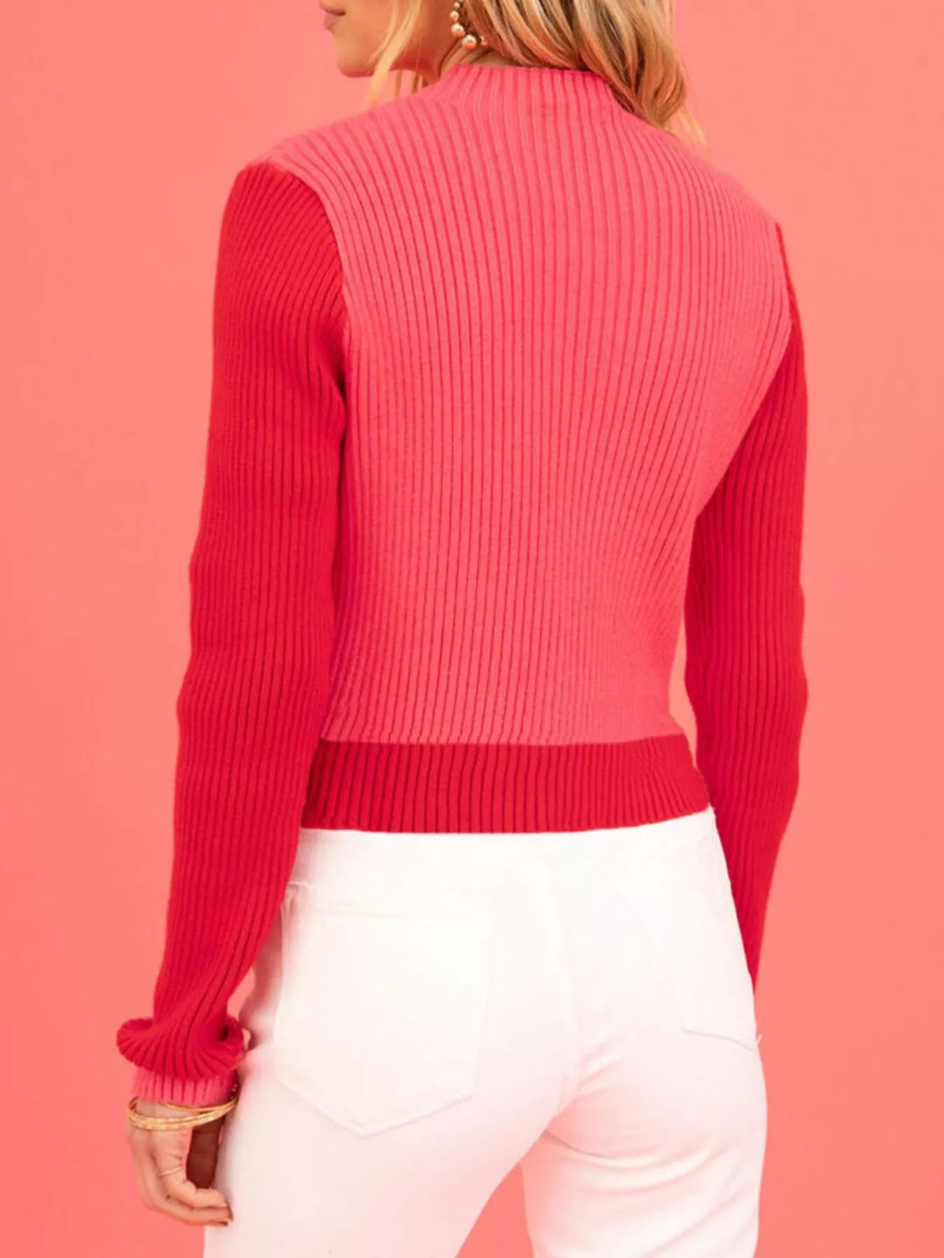 Color-Block Heart Pattern Ribbed Knit Sweater