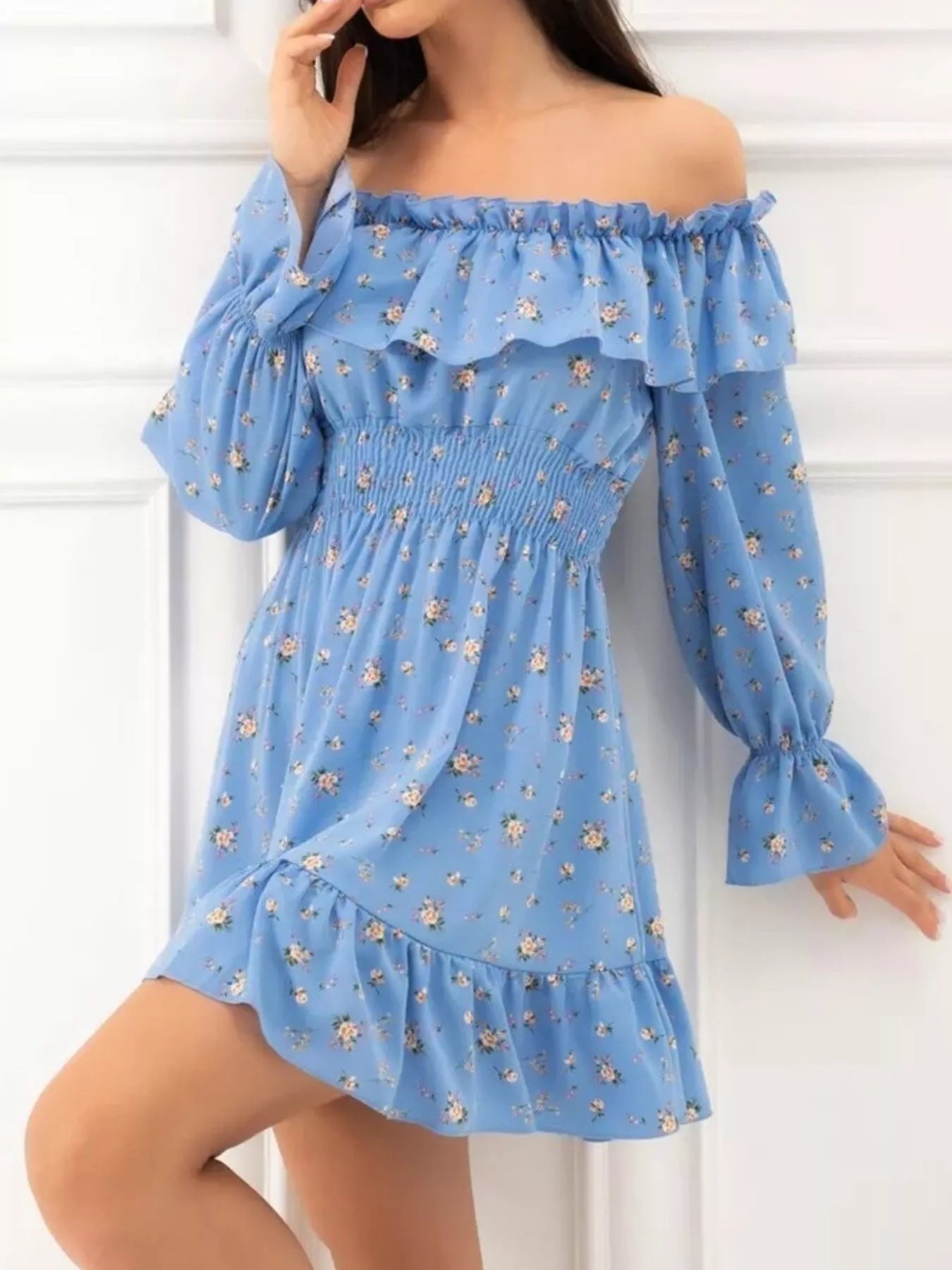Off-Shoulder Floral Print Ruffle Dress