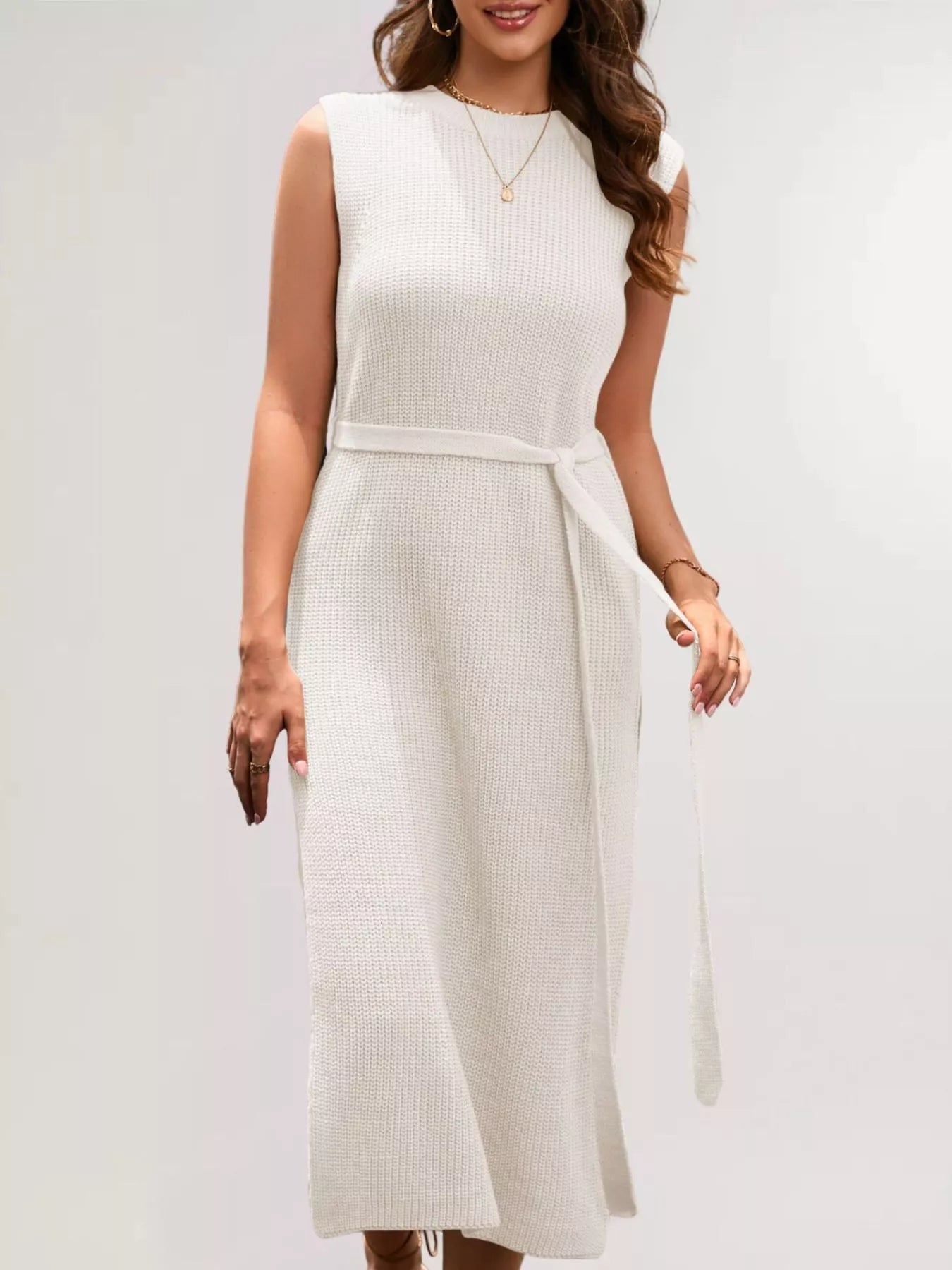 Side Slit Sleeveless Knit Midi Dress