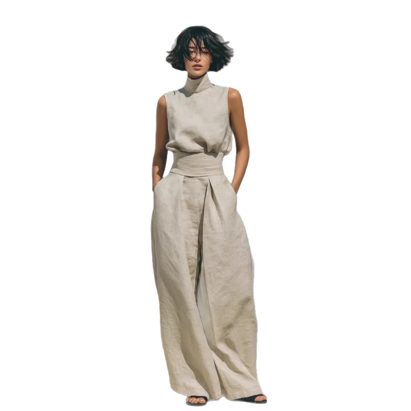 Casual Sleeveless Suit Summer Stand-up Collar Pullover Top And Loose Straight-leg Trousers Women's Clothing (see size chart under more details)