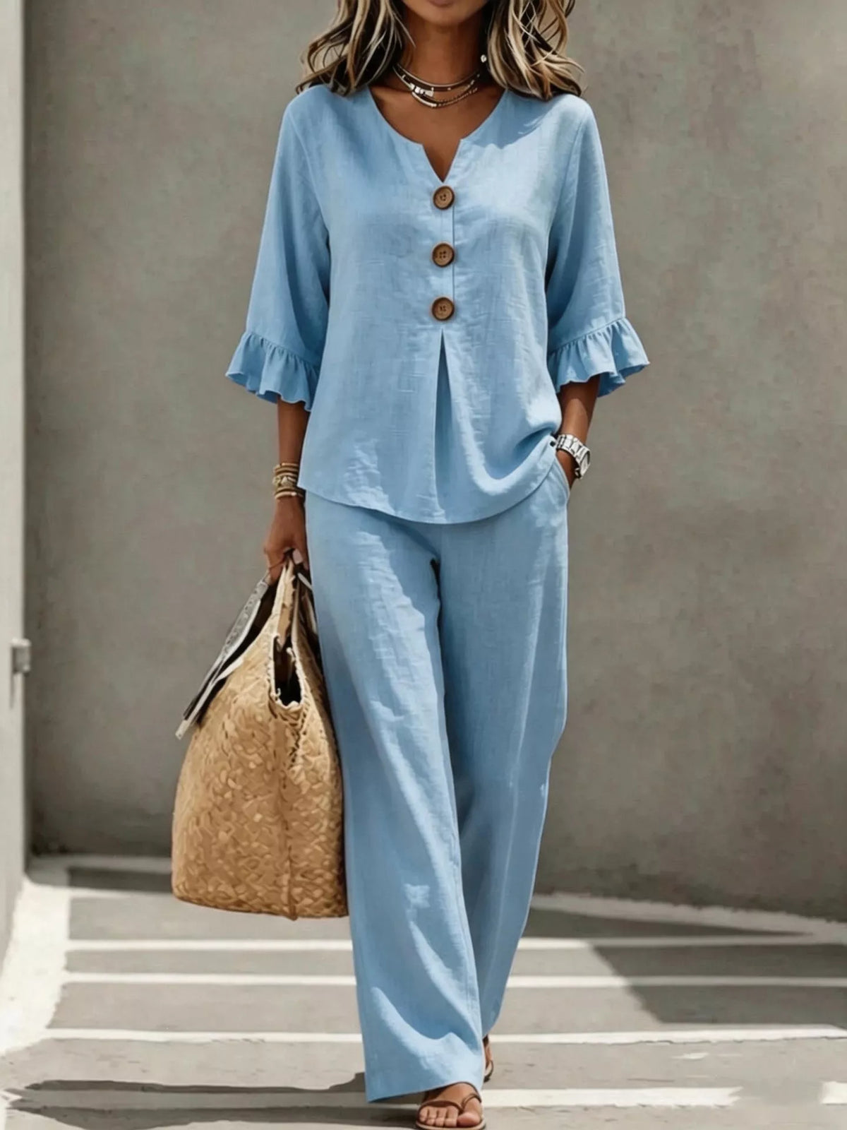 Full Size Decor Button Ruffled Top and Wide-Leg Pants Set Plus Size