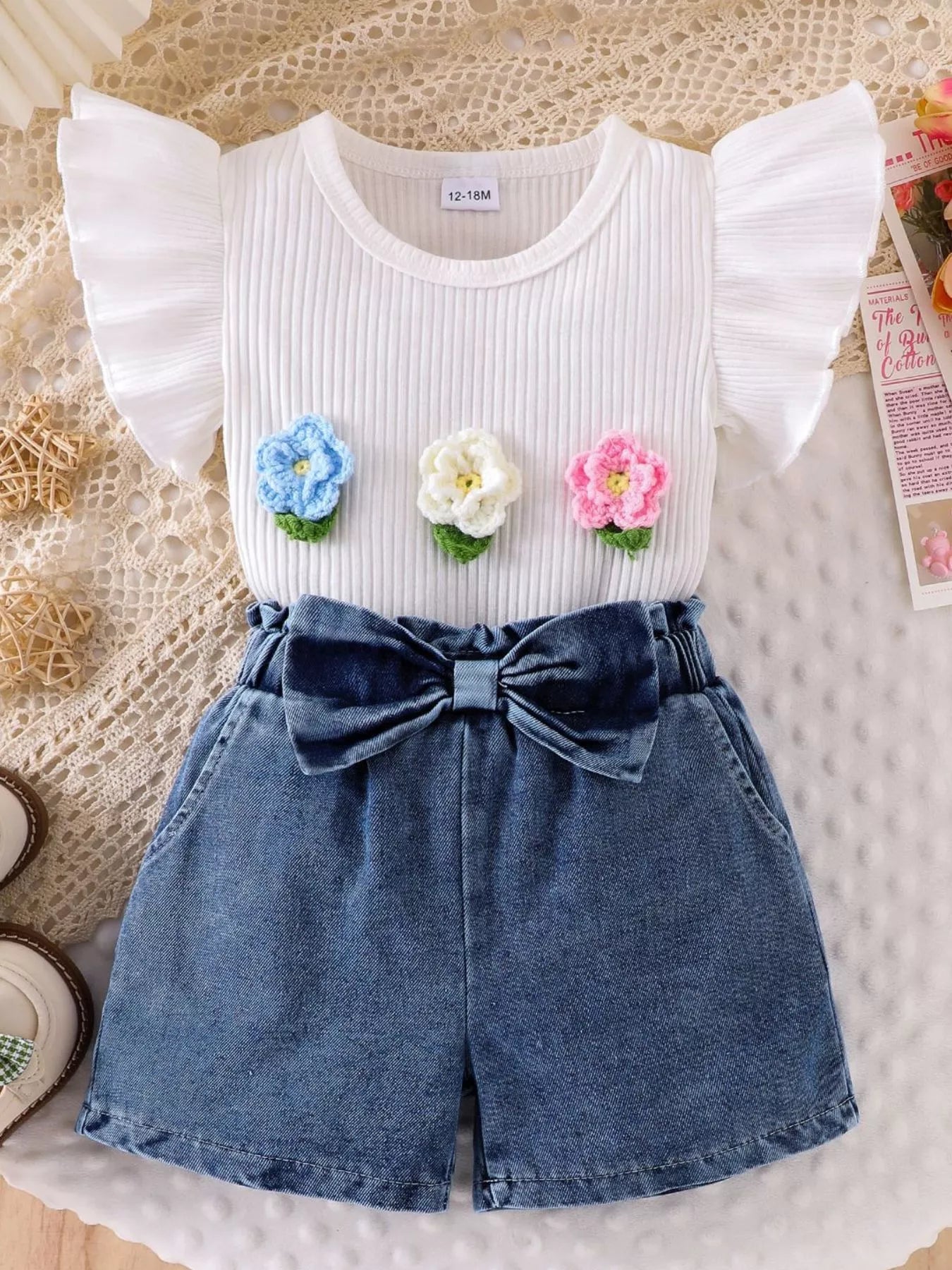 Children's Ruffled Flower Top and Denim Shorts Set