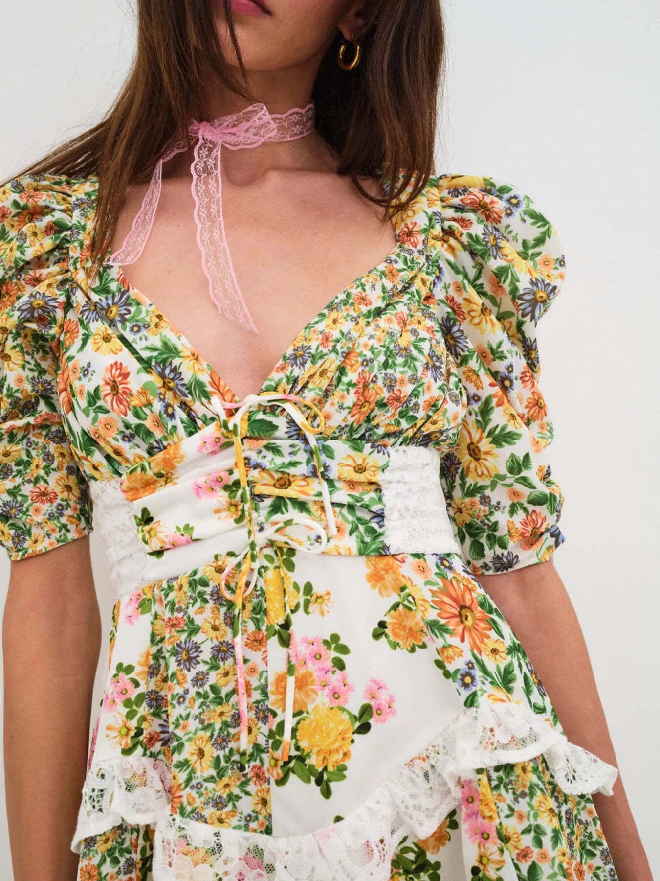 Ruffled Floral Print Half Sleeve Dress