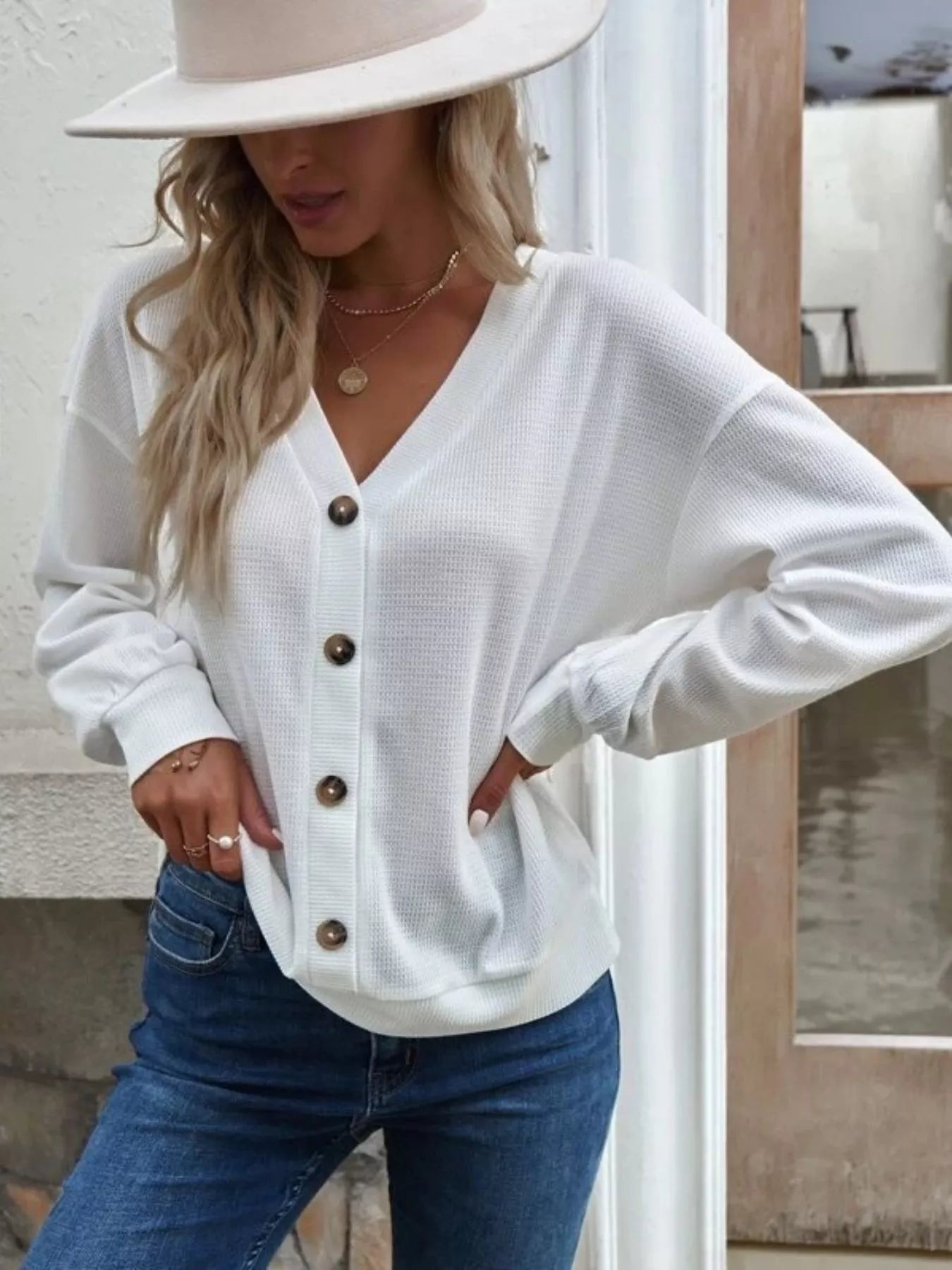 Casual V-Neck Waffle Long Sleeve Top