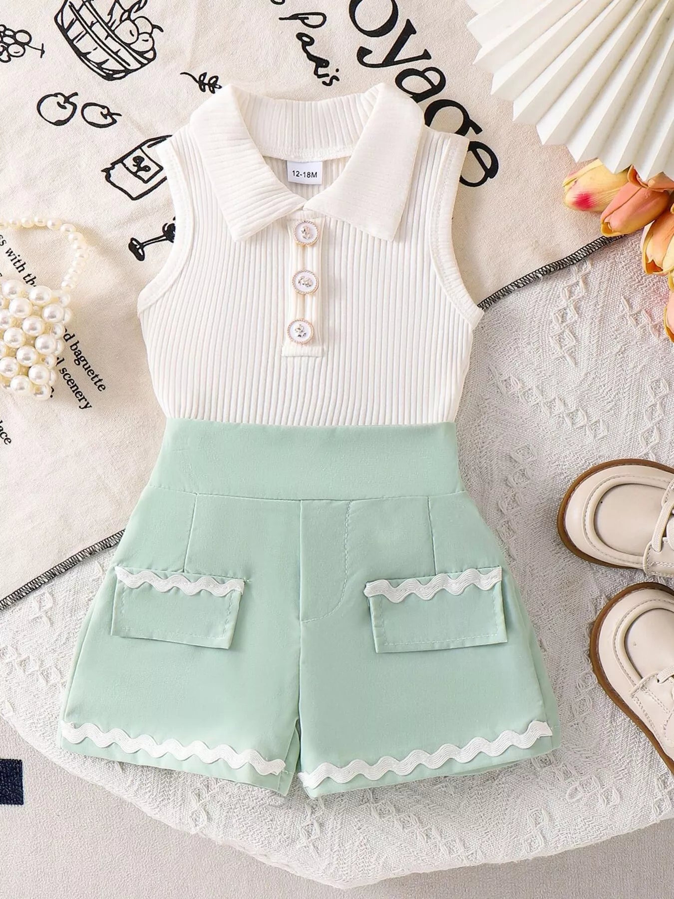 Children's Ribbed Knit Polo Top and Scalloped Pocket Shorts Set