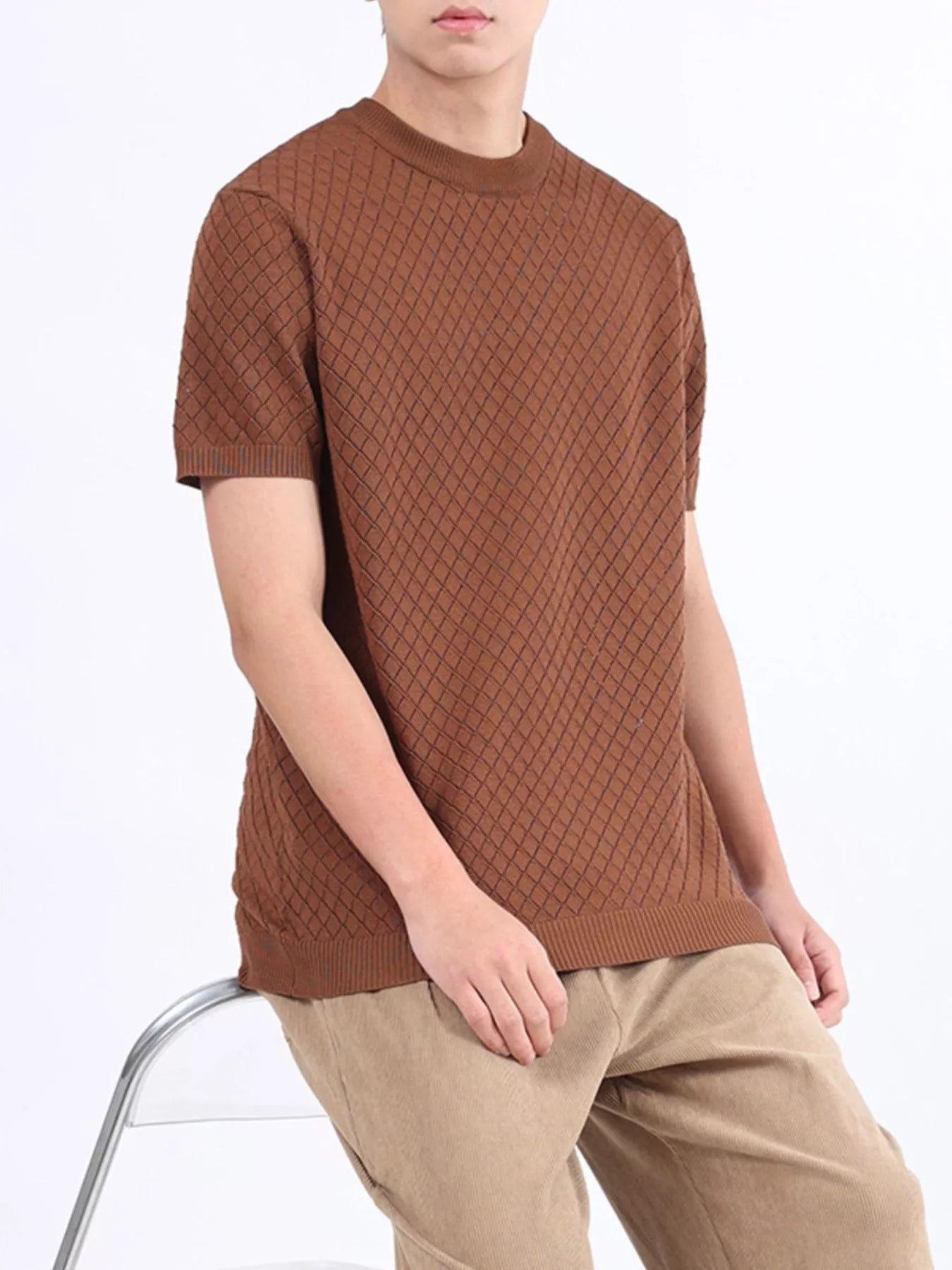 Men's Plus Size Diamond Pattern Knitted Short Sleeve T-Shirt
