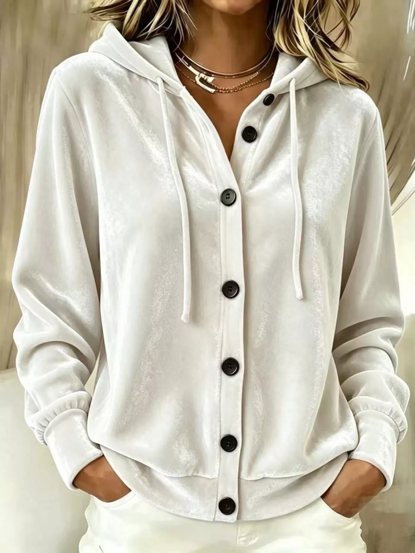 Full Size Velvet Button-Down Hooded Outerwear Plus Size