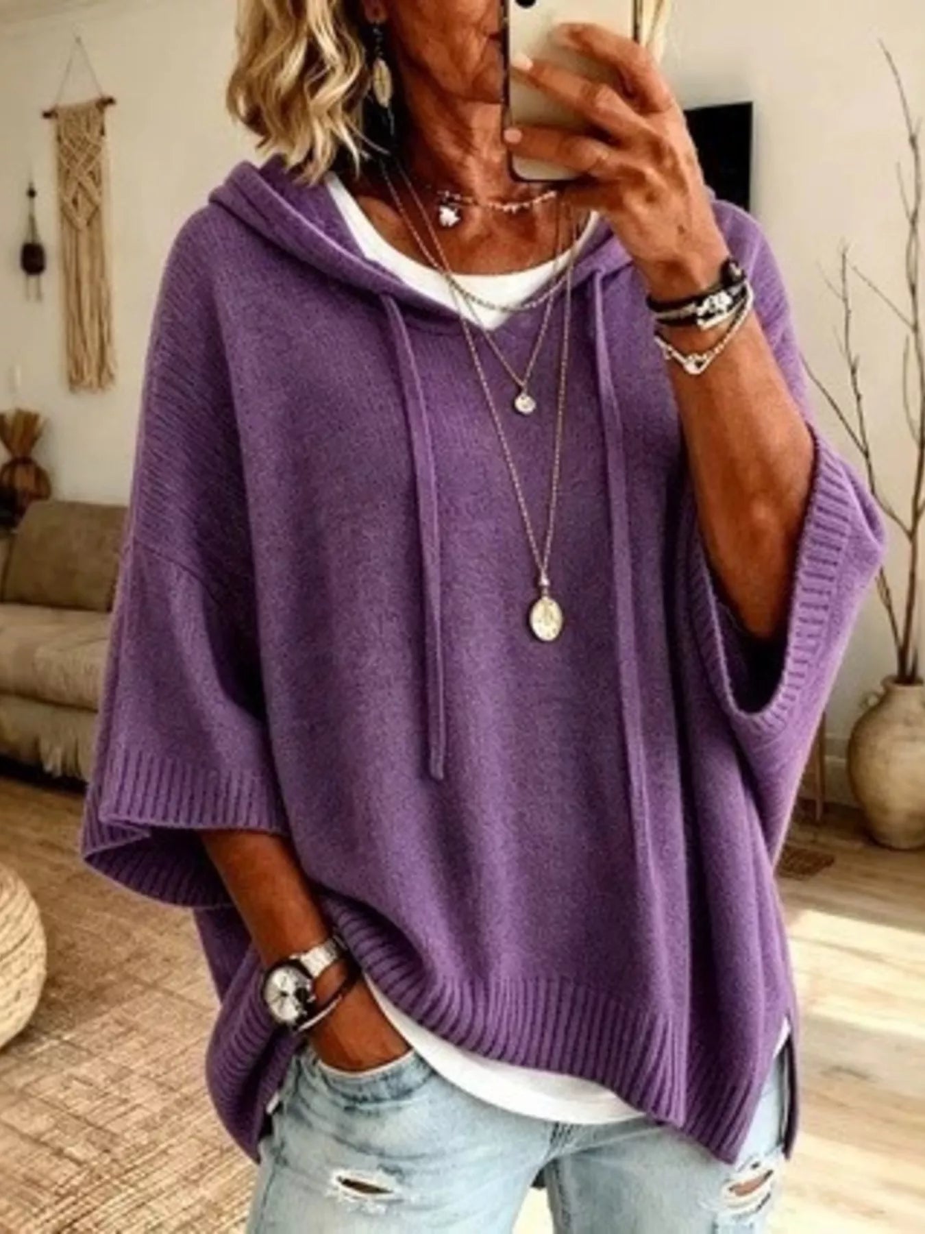 Full Size Casual Hooded Batwing Sleeve Knit Sweater Plus Size