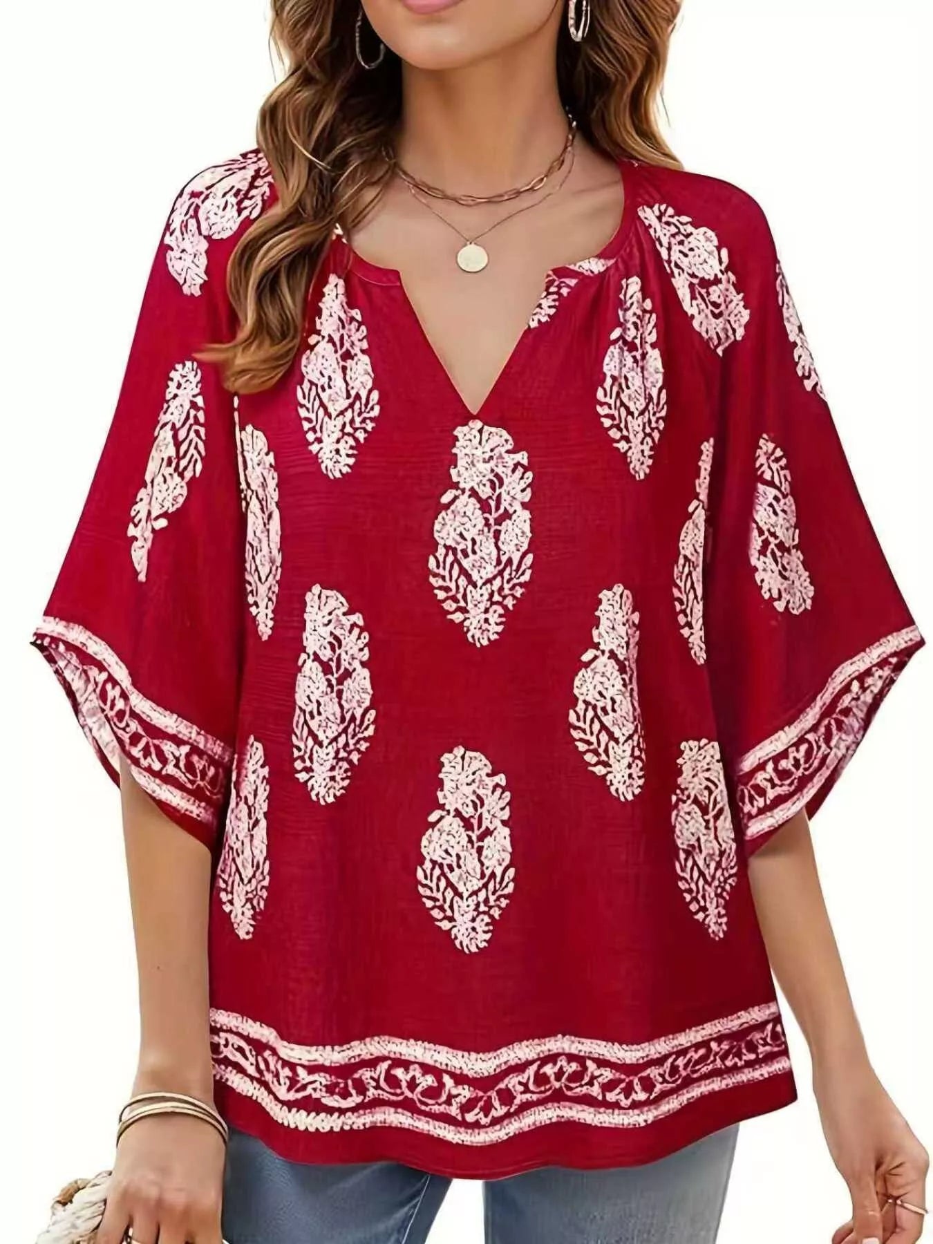 Printed Notched 3/4 Sleeve Blouse