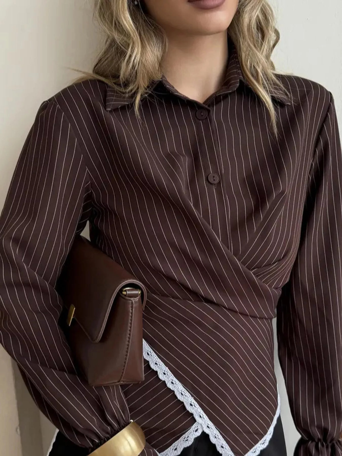 Lace Trim Long Sleeves Striped Shirt