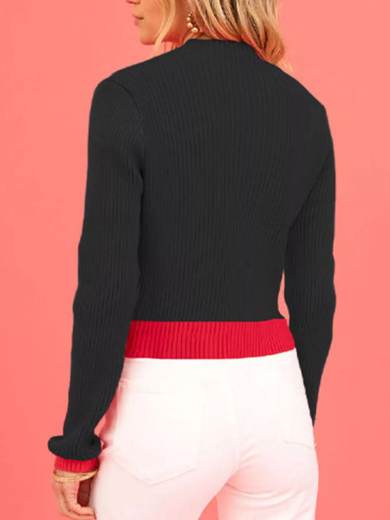 Color-Block Heart Pattern Ribbed Knit Sweater